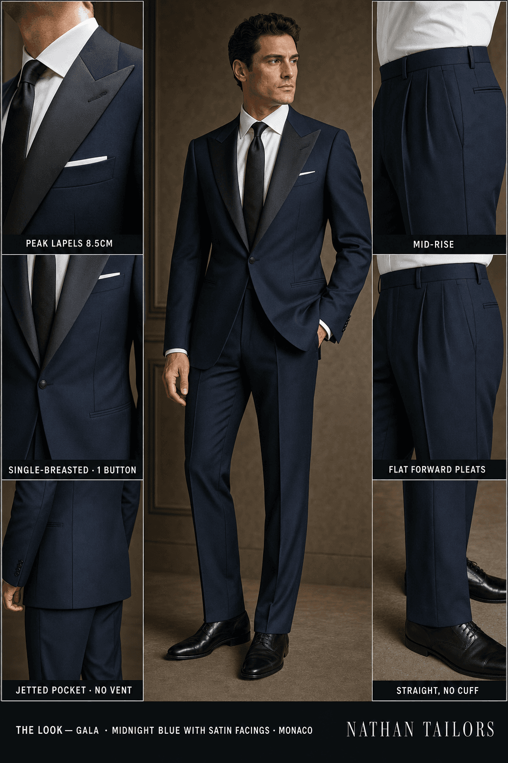 midnight blue with satin facings single-breasted peak-lapel online custom suit — designed online at RemoteSuit. Made-to-measure online custom suit available from $129.