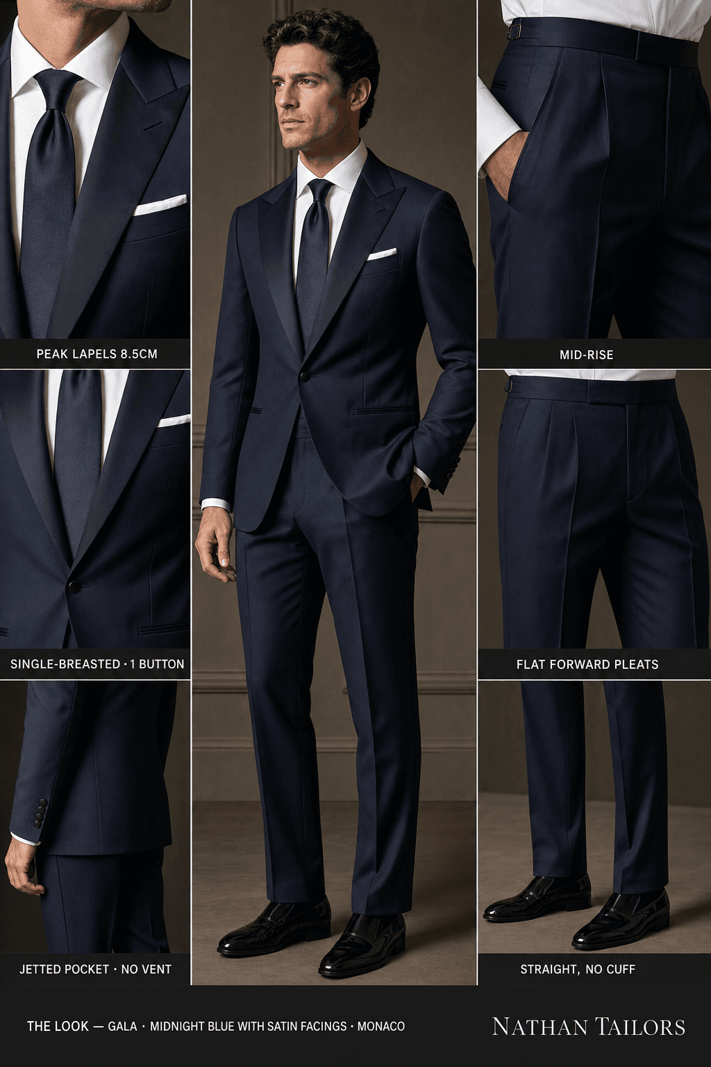 midnight blue with satin facings single-breasted peak-lapel online custom suit — designed online at RemoteSuit. Made-to-measure online custom suit available from $129.