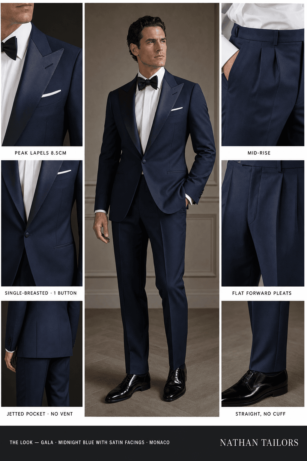midnight blue with satin facings single-breasted peak-lapel online custom suit — designed online at RemoteSuit. Made-to-measure online custom suit available from $129.