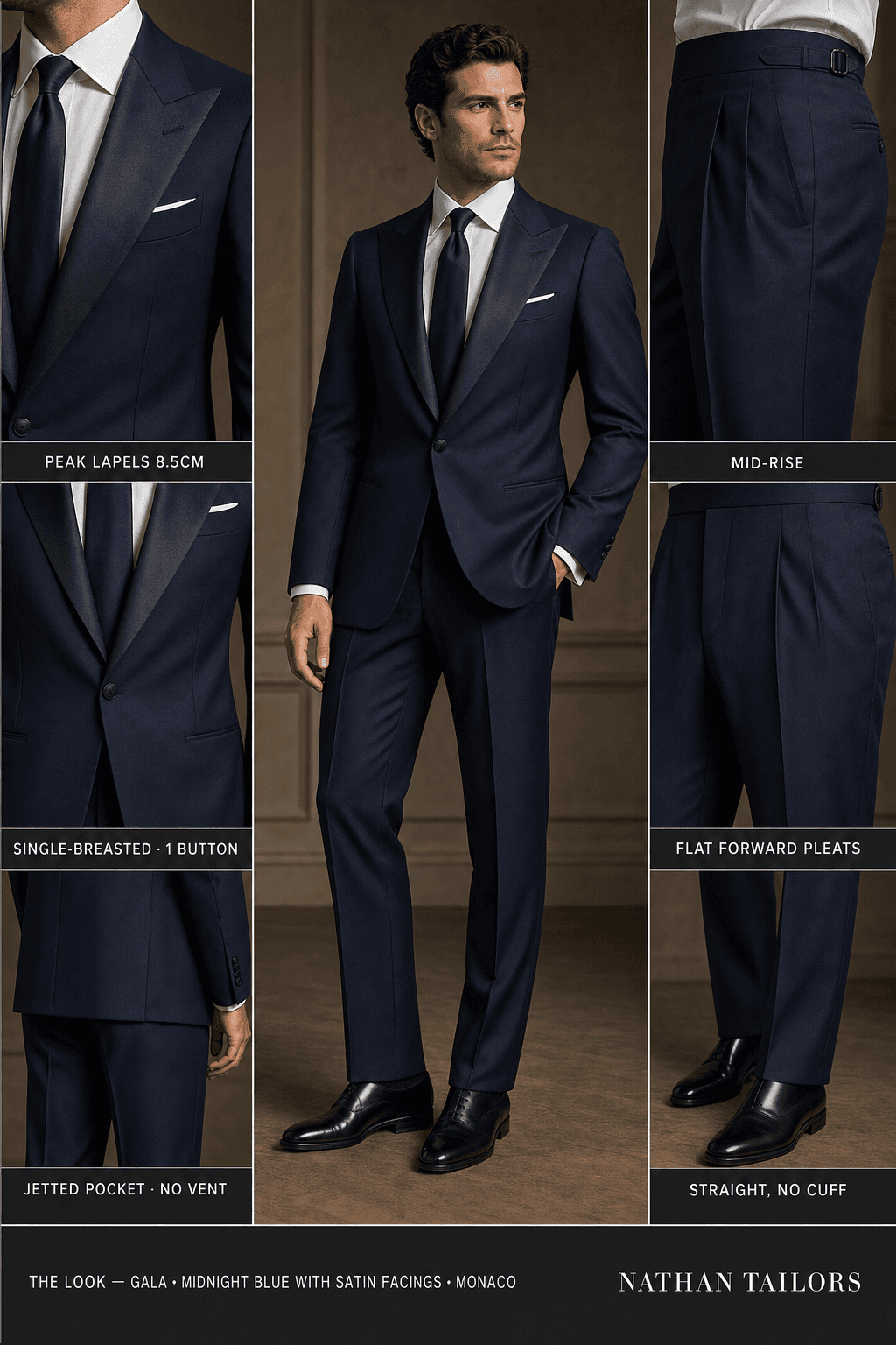 midnight blue with satin facings single-breasted peak-lapel online custom suit — designed online at RemoteSuit. Made-to-measure online custom suit available from $129.