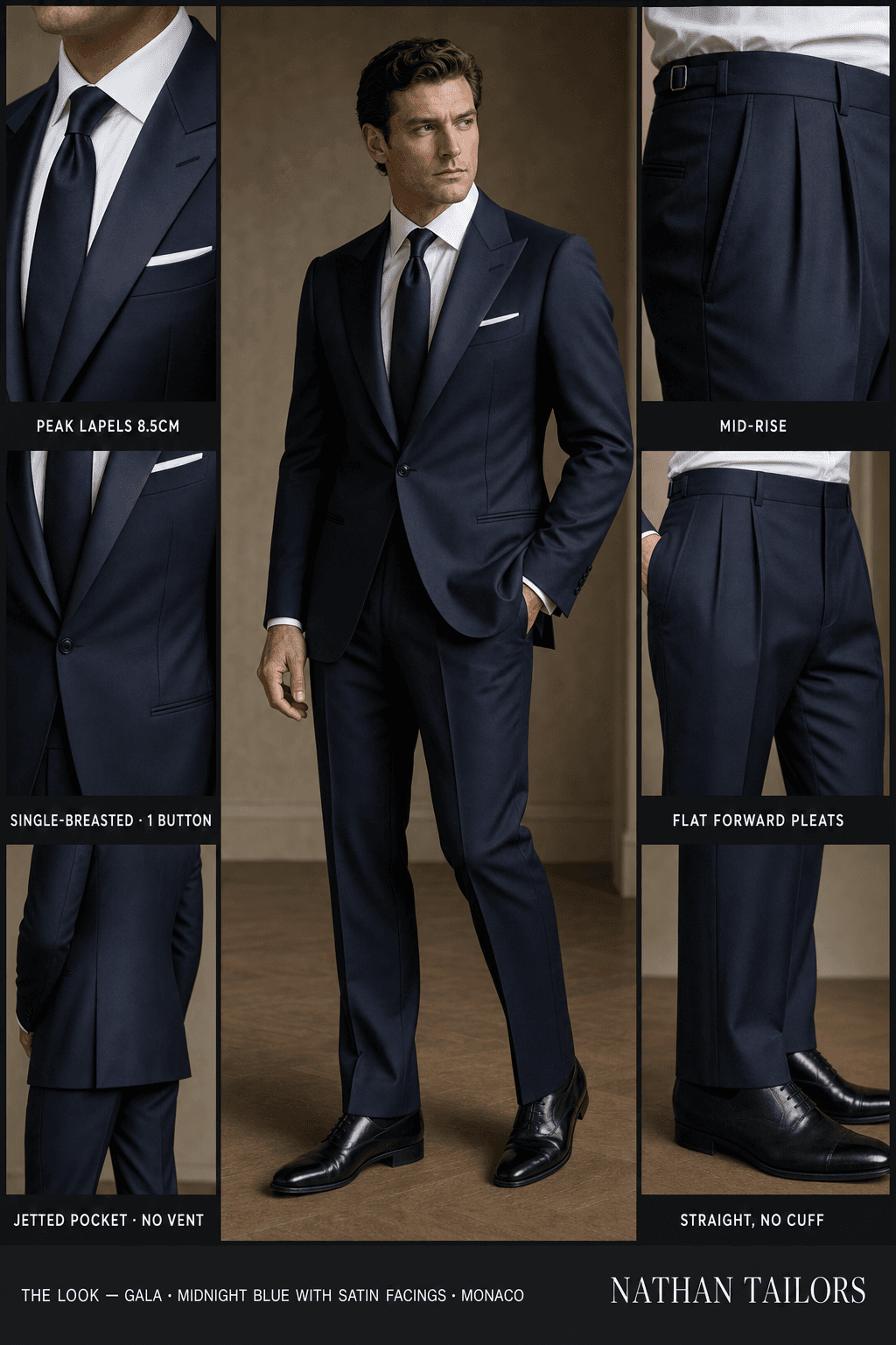 midnight blue with satin facings single-breasted peak-lapel online custom suit — designed online at RemoteSuit. Made-to-measure online custom suit available from $149.