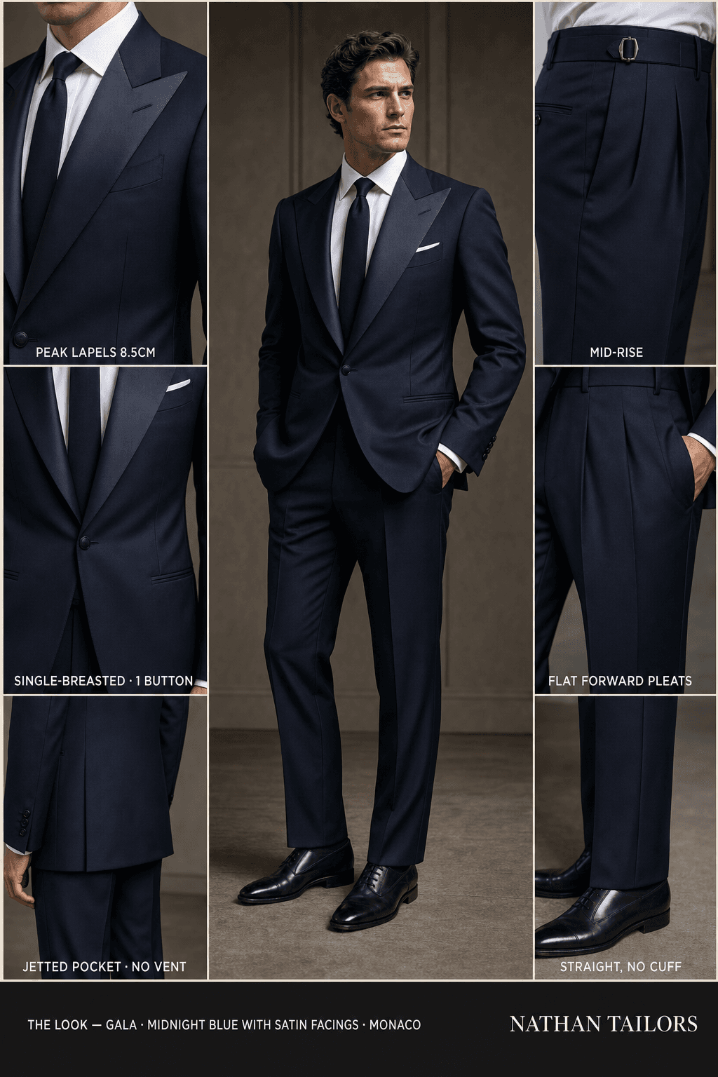 midnight blue with satin facings single-breasted peak-lapel online custom suit — designed online at RemoteSuit. Made-to-measure online custom suit available from $129.