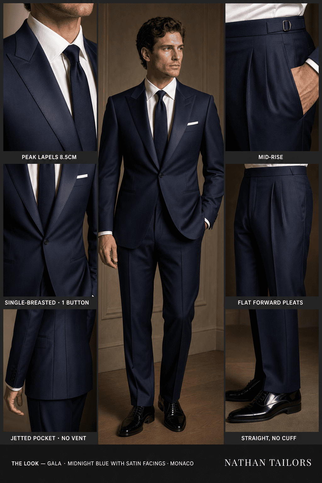 midnight blue with satin facings single-breasted peak-lapel online custom suit — designed online at RemoteSuit. Made-to-measure online custom suit available from $129.