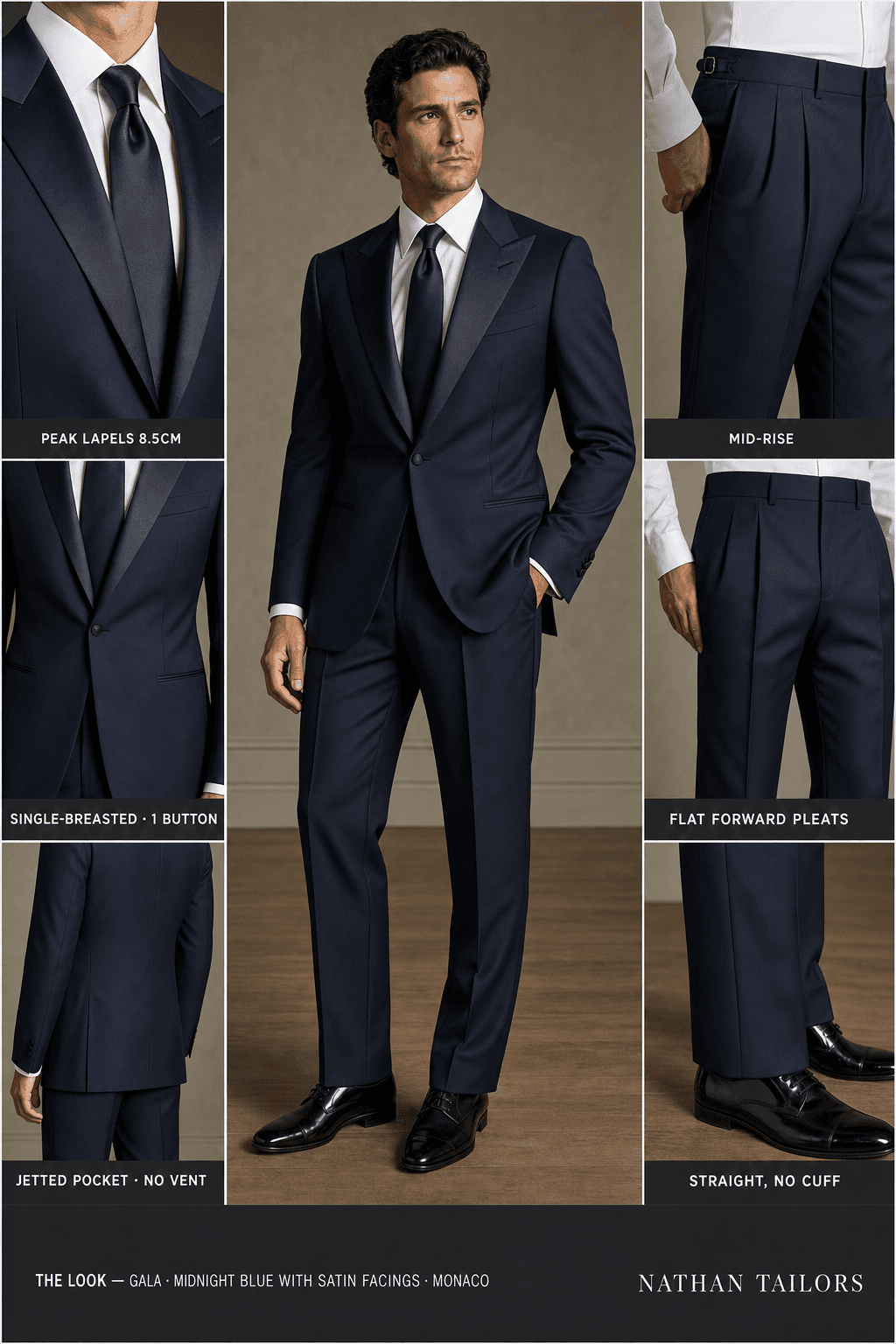 midnight blue with satin facings single-breasted peak-lapel online custom suit — designed online at RemoteSuit. Made-to-measure online custom suit available from $129.