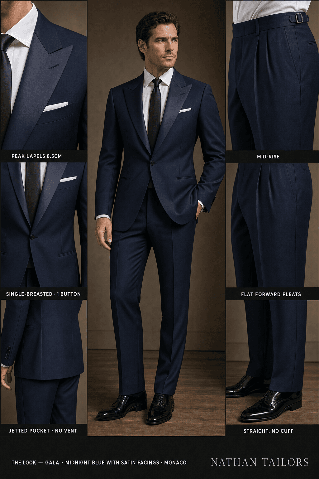 midnight blue with satin facings single-breasted peak-lapel online custom suit — designed online at RemoteSuit. Made-to-measure online custom suit available from $149.