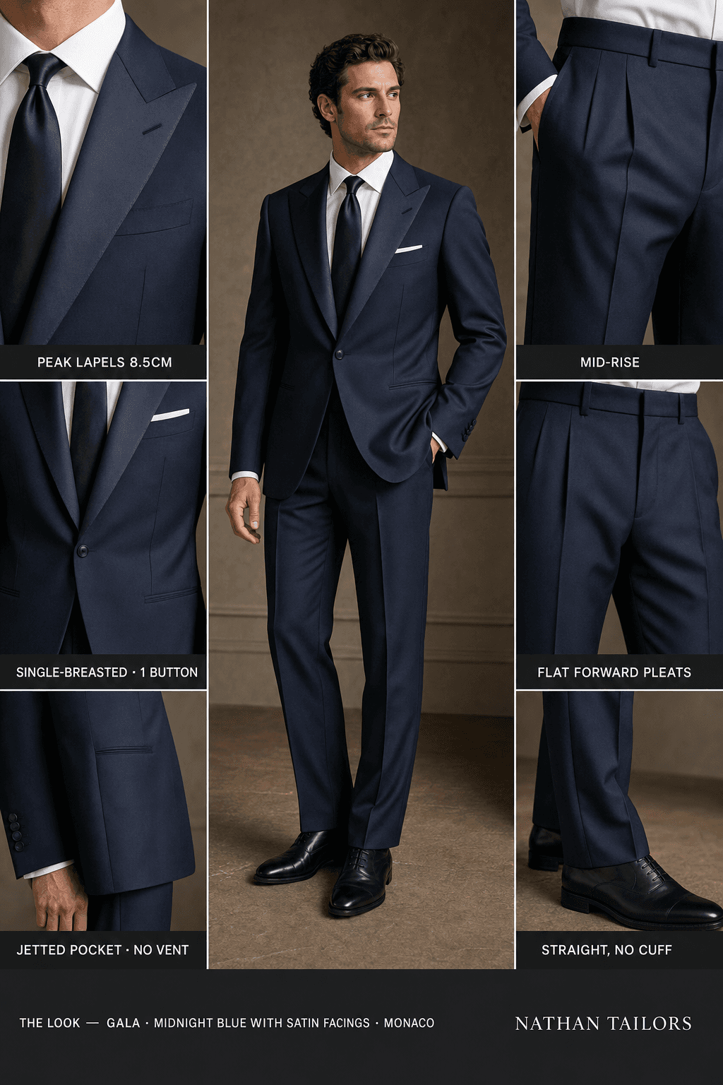 midnight blue with satin facings single-breasted peak-lapel online custom suit — designed online at RemoteSuit. Made-to-measure online custom suit available from $129.