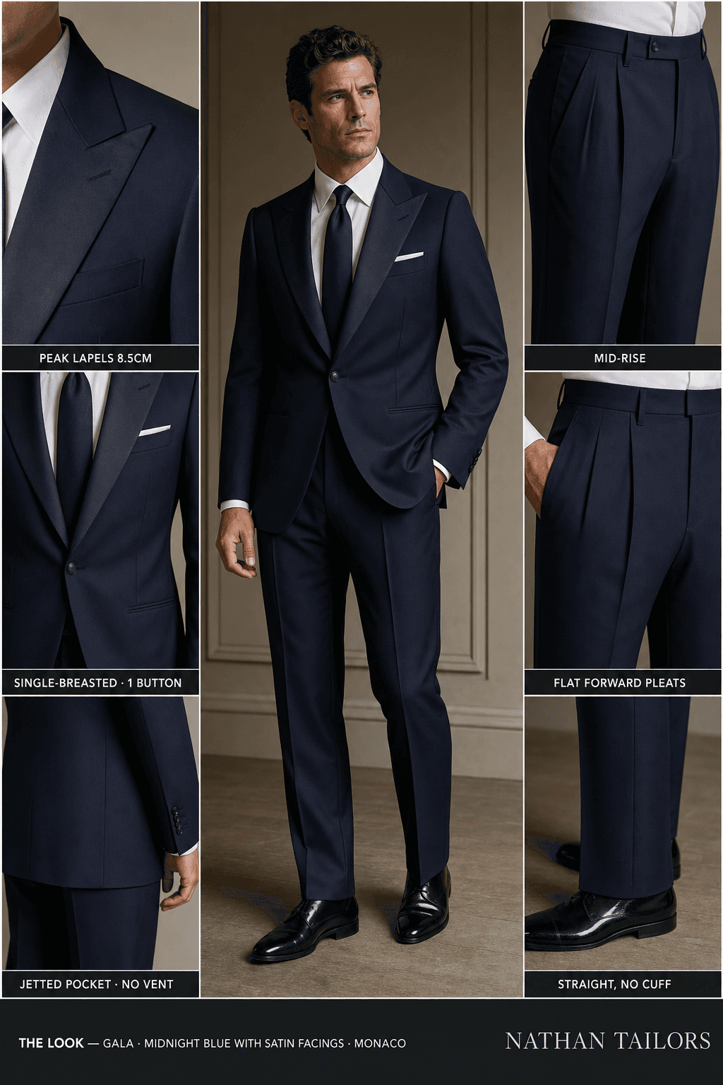 midnight blue with satin facings single-breasted peak-lapel online custom suit — designed online at RemoteSuit. Made-to-measure online custom suit available from $149.