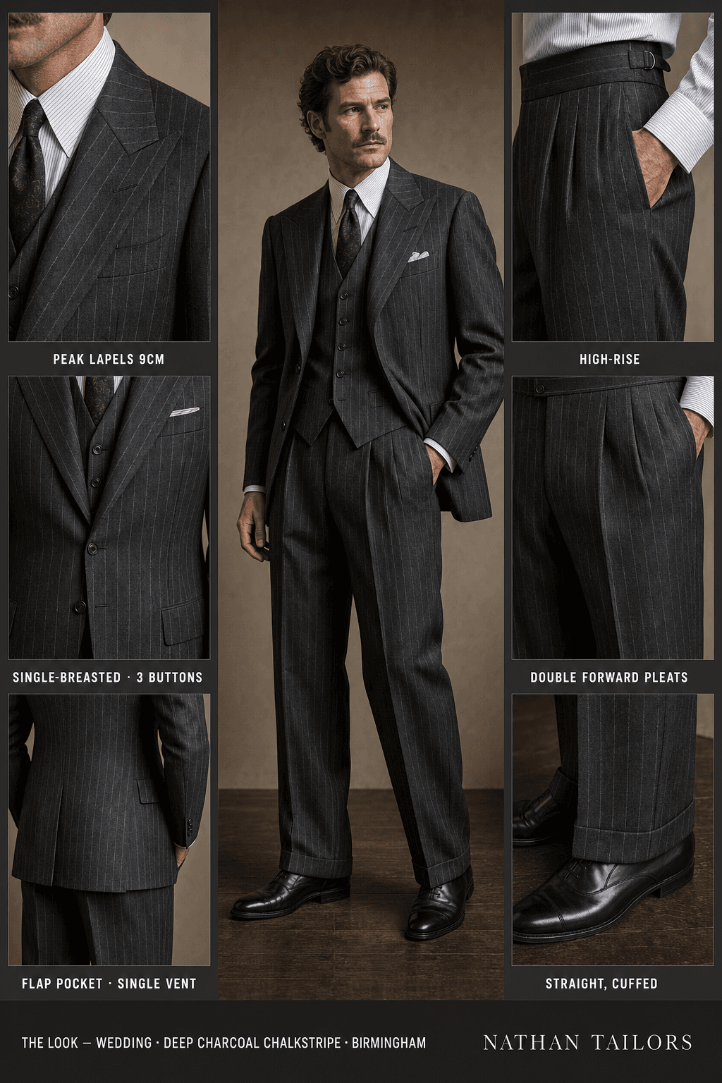 deep charcoal chalkstripe chalk stripe single-breasted peak-lapel online custom suit — designed online at RemoteSuit. Made-to-measure online custom suit available from $149.