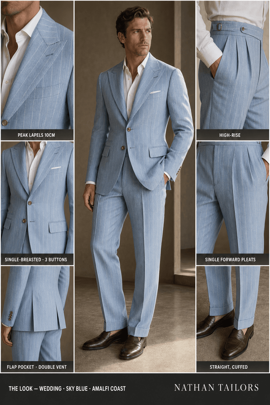 sky blue chalk stripe single-breasted peak-lapel online custom suit — designed online at RemoteSuit. Made-to-measure online custom suit available from $129.