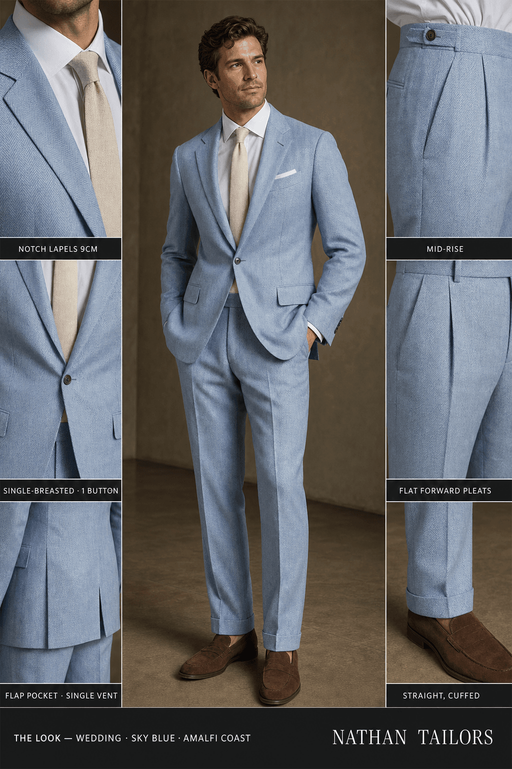 sky blue herringbone single-breasted notch-lapel online custom suit — designed online at RemoteSuit. Made-to-measure online custom suit available from $129.