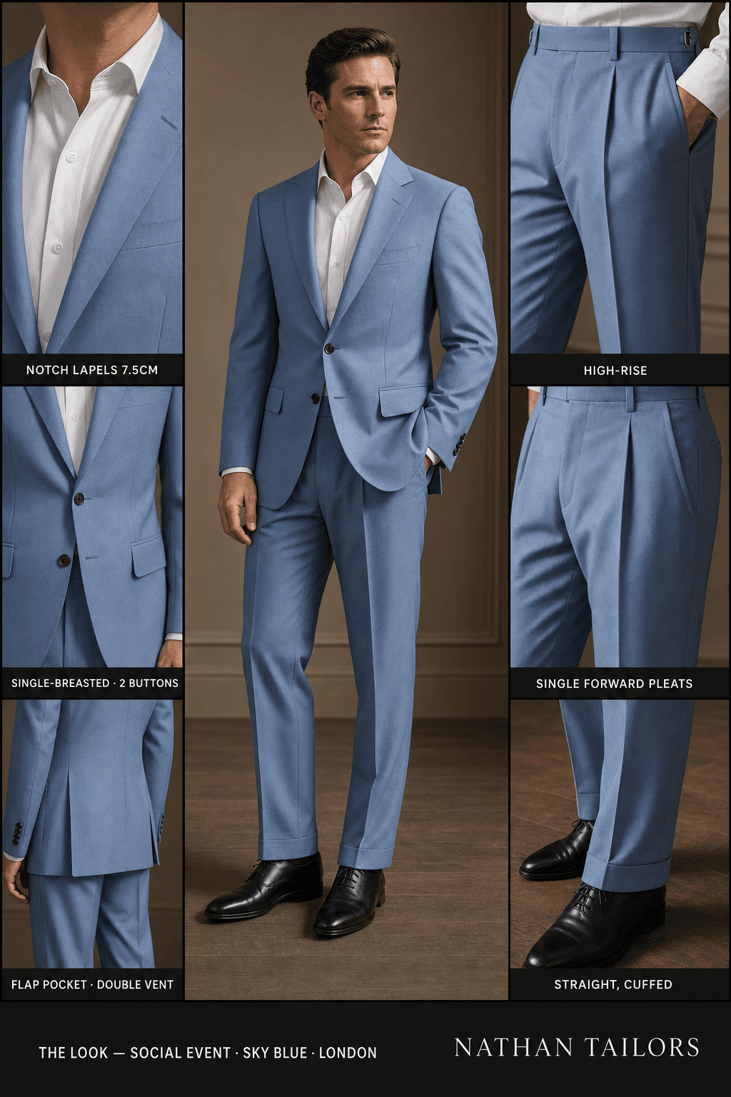 sky blue single-breasted notch-lapel online custom suit — designed online at RemoteSuit. Made-to-measure online custom suit available from $149.