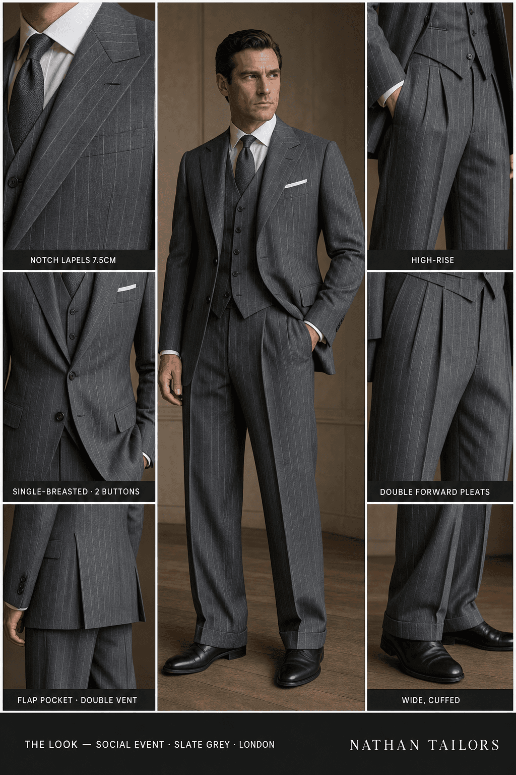 slate grey chalk stripe single-breasted notch-lapel online custom suit — designed online at RemoteSuit. Made-to-measure online custom suit available from $149.