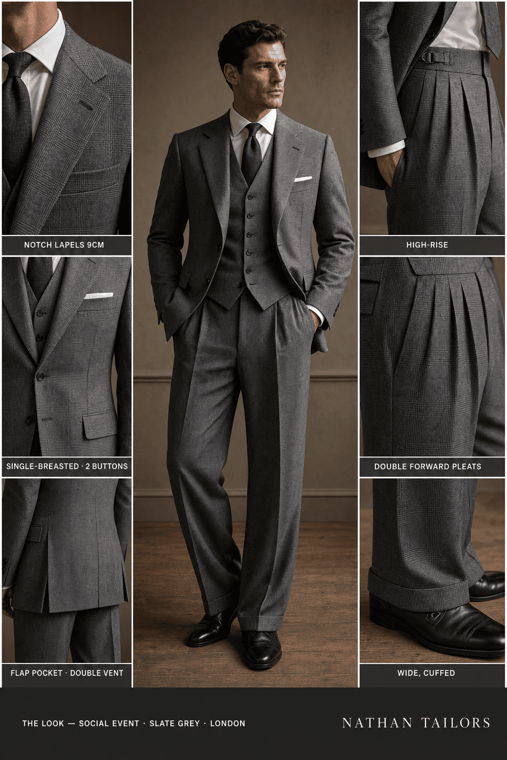 slate grey glen plaid single-breasted notch-lapel online custom suit — designed online at RemoteSuit. Made-to-measure online custom suit available from $149.