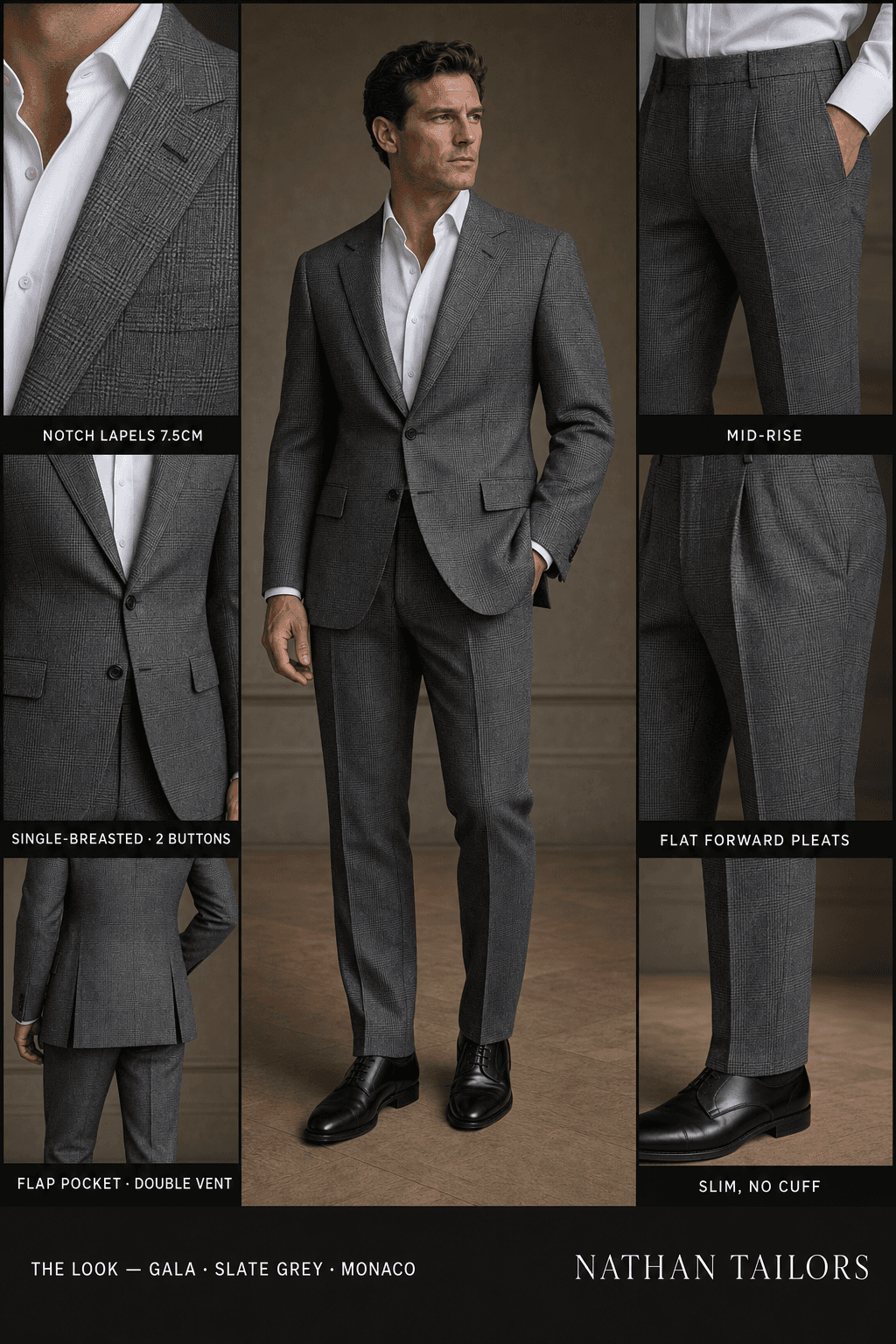 slate grey glen plaid single-breasted notch-lapel online custom suit — designed online at RemoteSuit. Made-to-measure online custom suit available from $149.