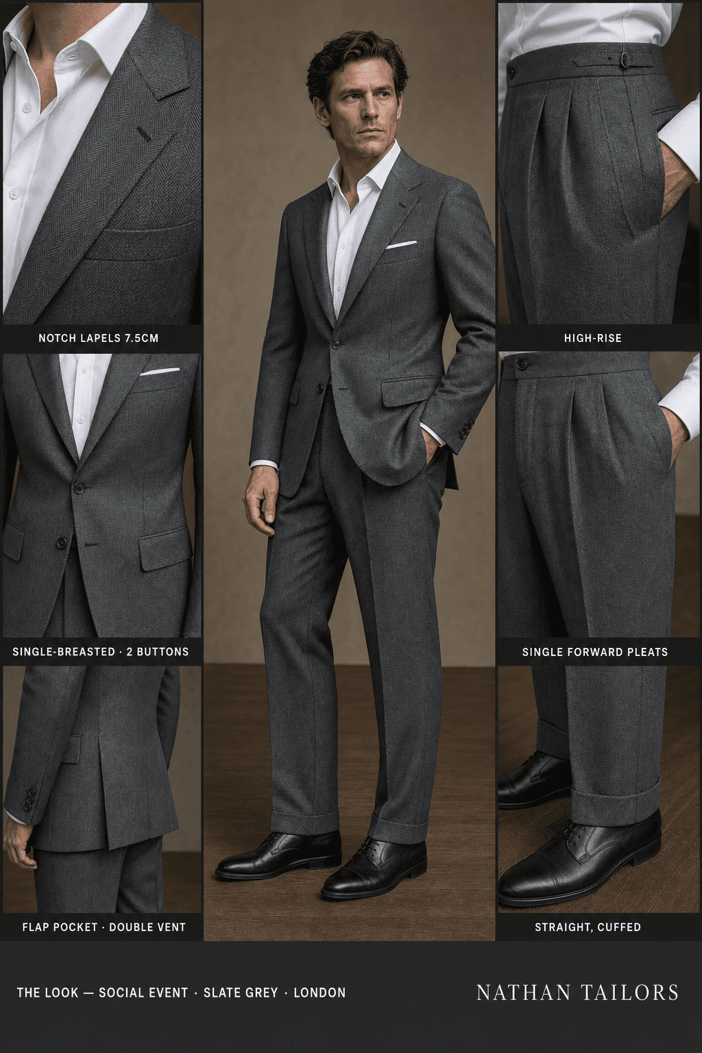 slate grey herringbone single-breasted online custom suit — designed at RemoteSuit, made to measure online