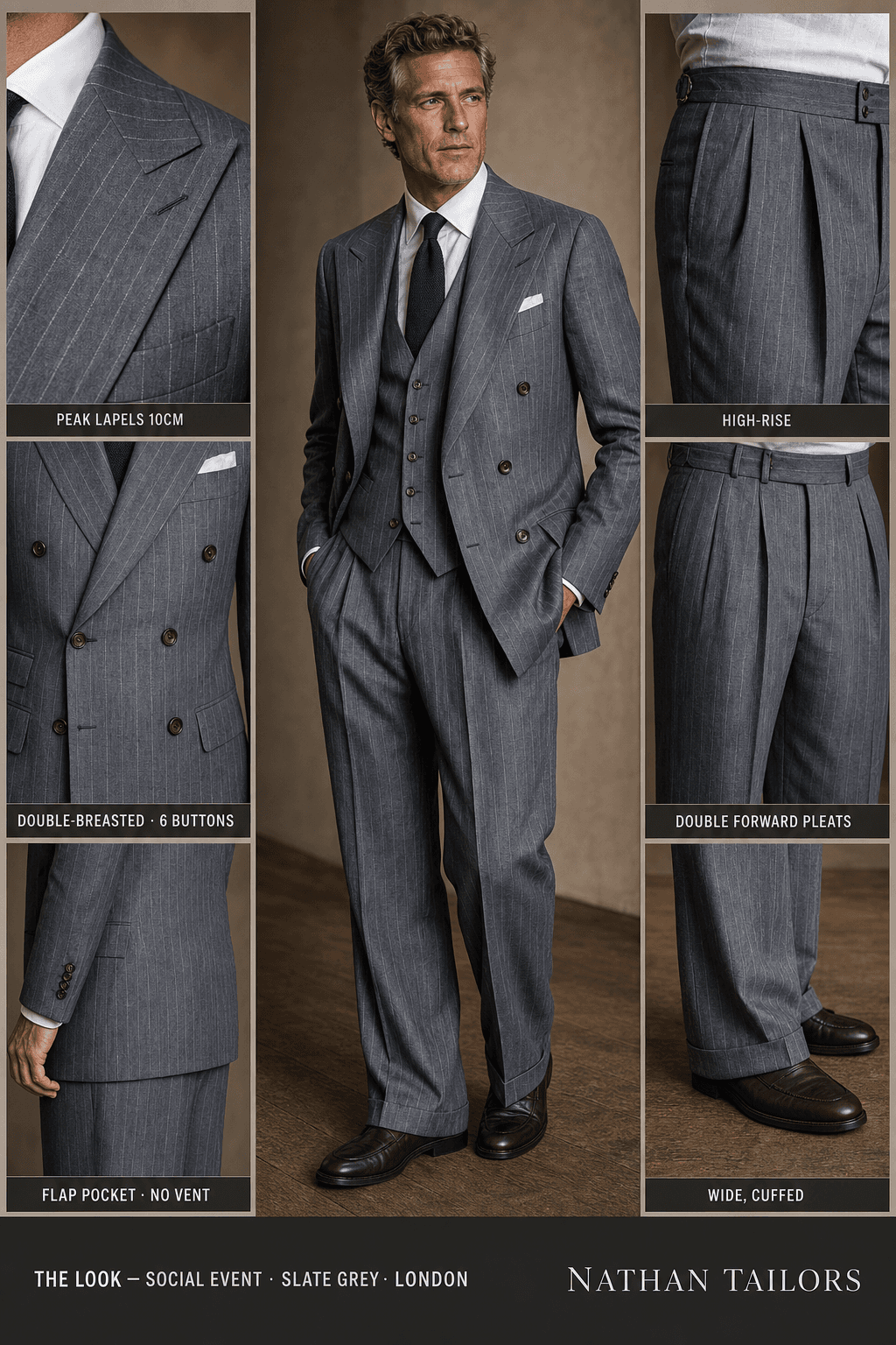 slate grey pinstripe double-breasted peak-lapel online custom suit — designed online at RemoteSuit. Made-to-measure online custom suit available from $129.