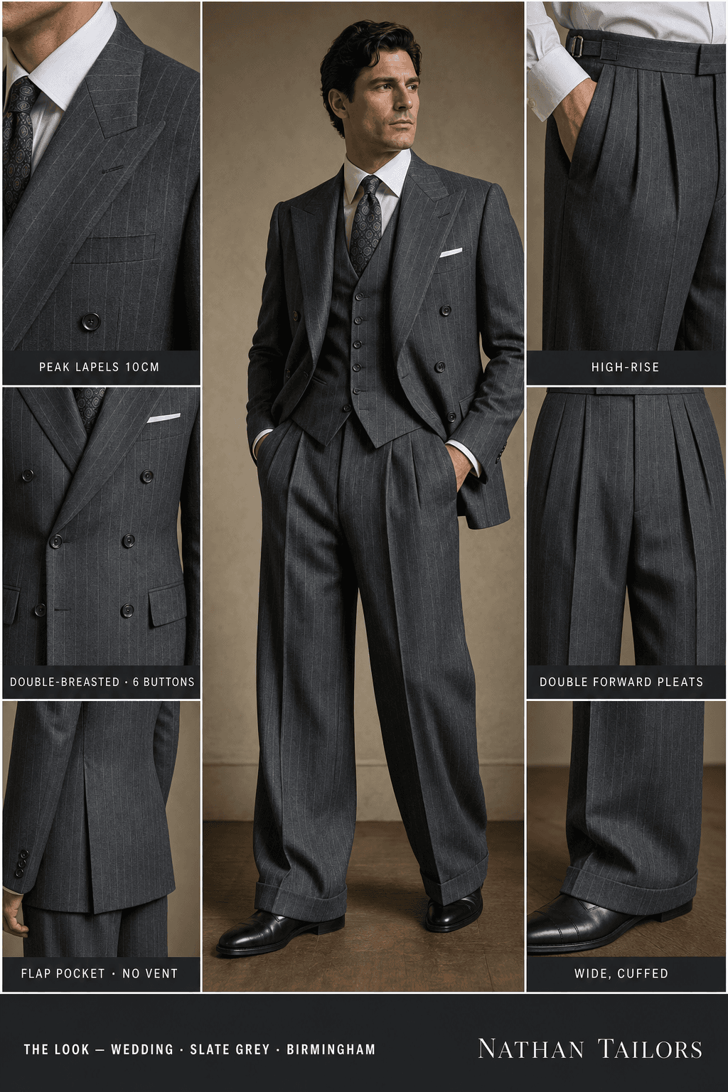slate grey pinstripe double-breasted peak-lapel online custom suit — designed online at RemoteSuit. Made-to-measure online custom suit available from $129.