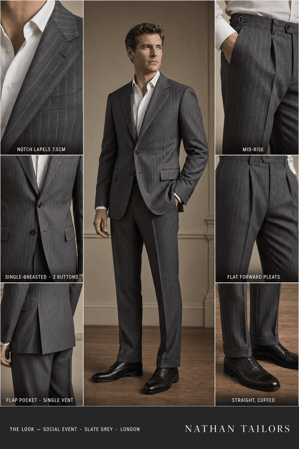 slate grey pinstripe single-breasted notch-lapel online custom suit — designed online at RemoteSuit. Made-to-measure online custom suit available from $109.