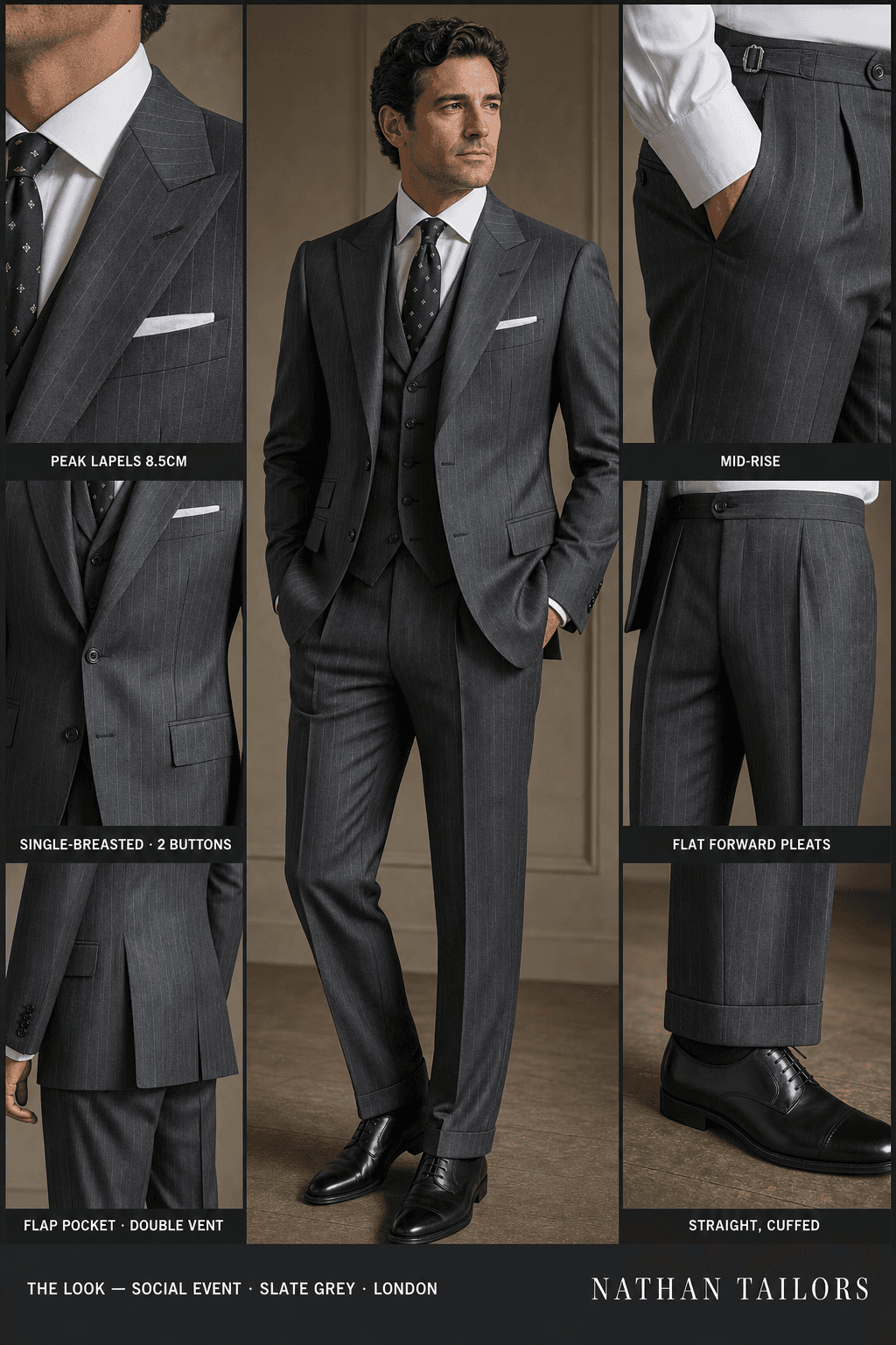slate grey pinstripe single-breasted peak-lapel online custom suit — designed online at RemoteSuit. Made-to-measure online custom suit available from $129.