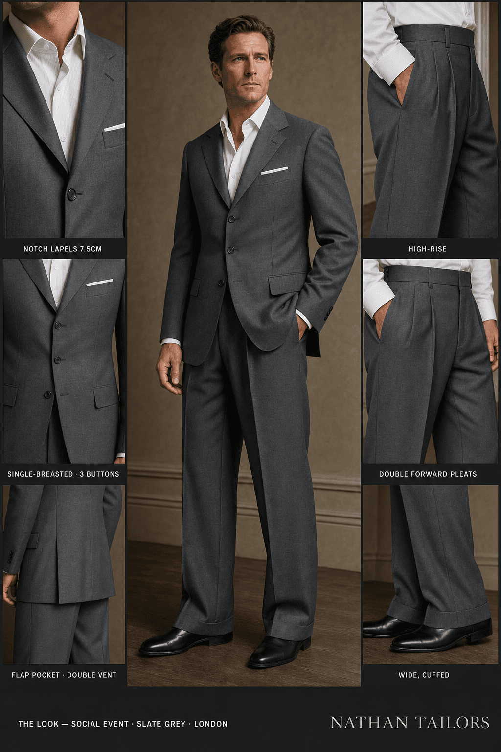slate grey single-breasted notch-lapel online custom suit — designed online at RemoteSuit. Made-to-measure online custom suit available from $129.
