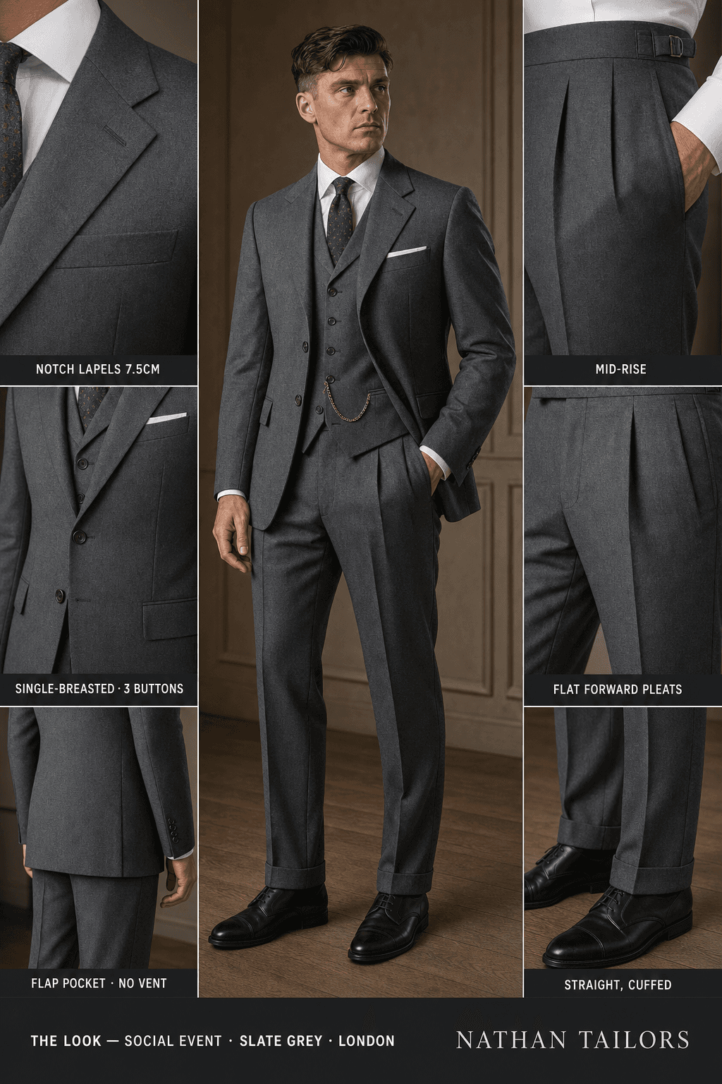 slate grey single-breasted notch-lapel online custom suit — designed online at RemoteSuit. Made-to-measure online custom suit available from $149.