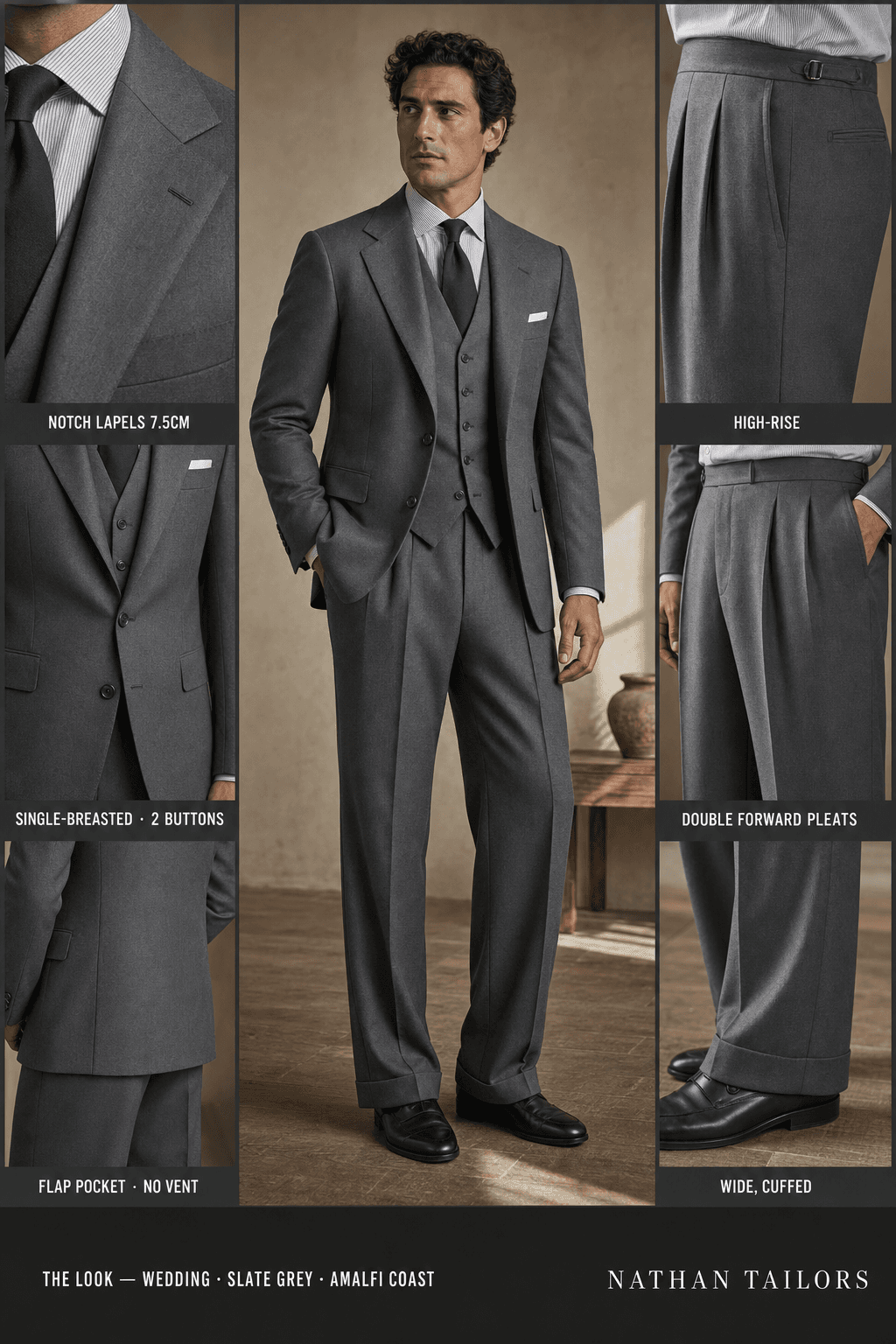 slate grey single-breasted notch-lapel online custom suit — designed online at RemoteSuit. Made-to-measure online custom suit available from $129.