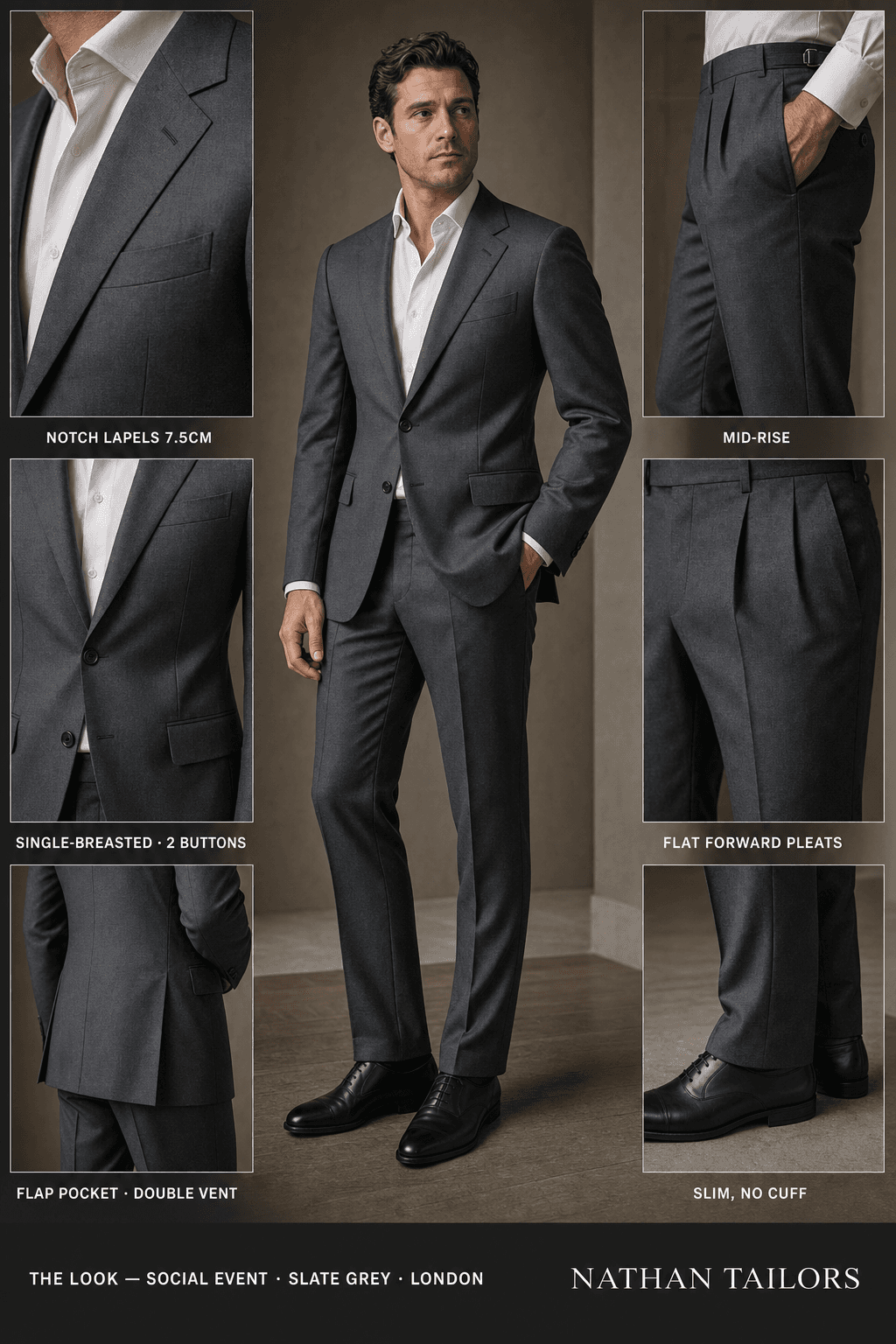 slate grey single-breasted notch-lapel online custom suit — designed online at RemoteSuit. Made-to-measure online custom suit available from $129.