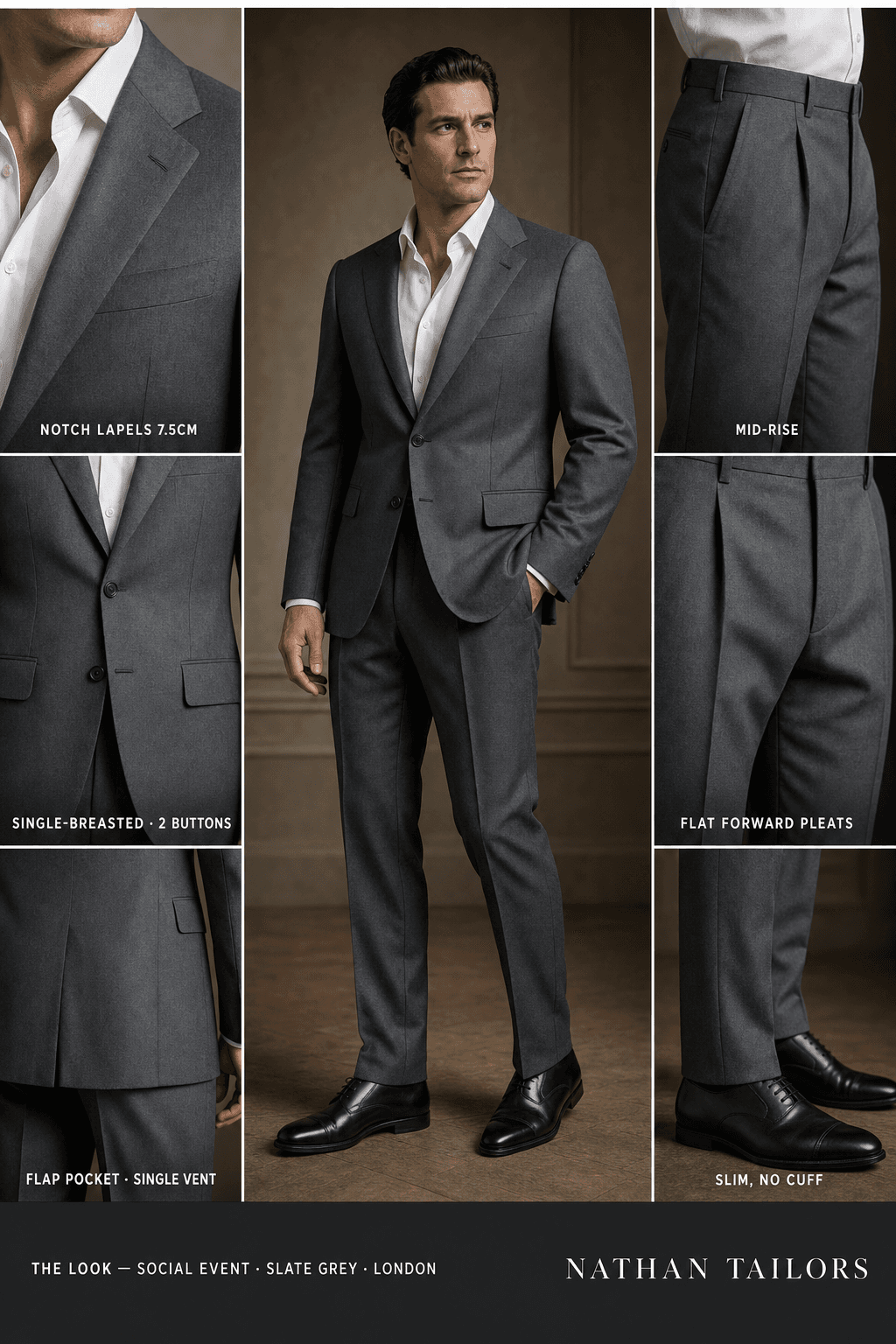 slate grey single-breasted notch-lapel online custom suit — designed online at RemoteSuit. Made-to-measure online custom suit available from $129.