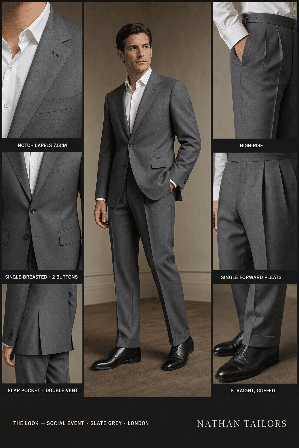slate grey single-breasted notch-lapel online custom suit — designed online at RemoteSuit. Made-to-measure online custom suit available from $129.