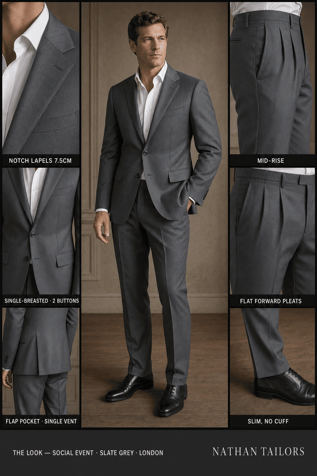 slate grey single-breasted notch-lapel online custom suit — designed online at RemoteSuit. Made-to-measure online custom suit available from $109.