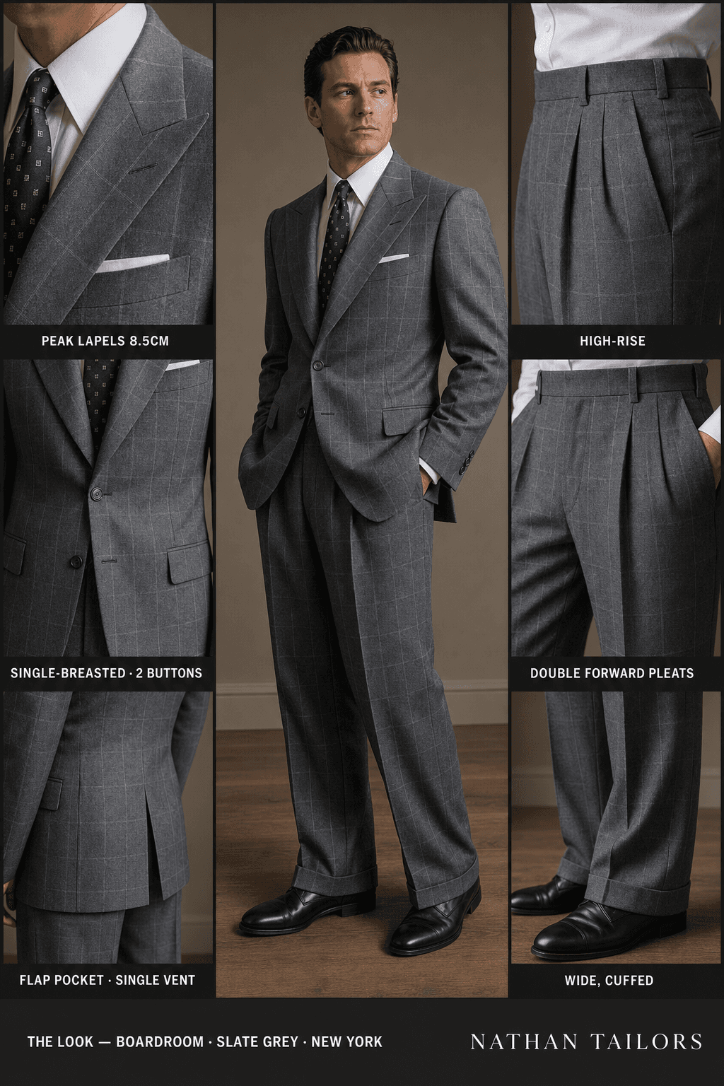 slate grey windowpane single-breasted peak-lapel online custom suit — designed online at RemoteSuit. Made-to-measure online custom suit available from $149.
