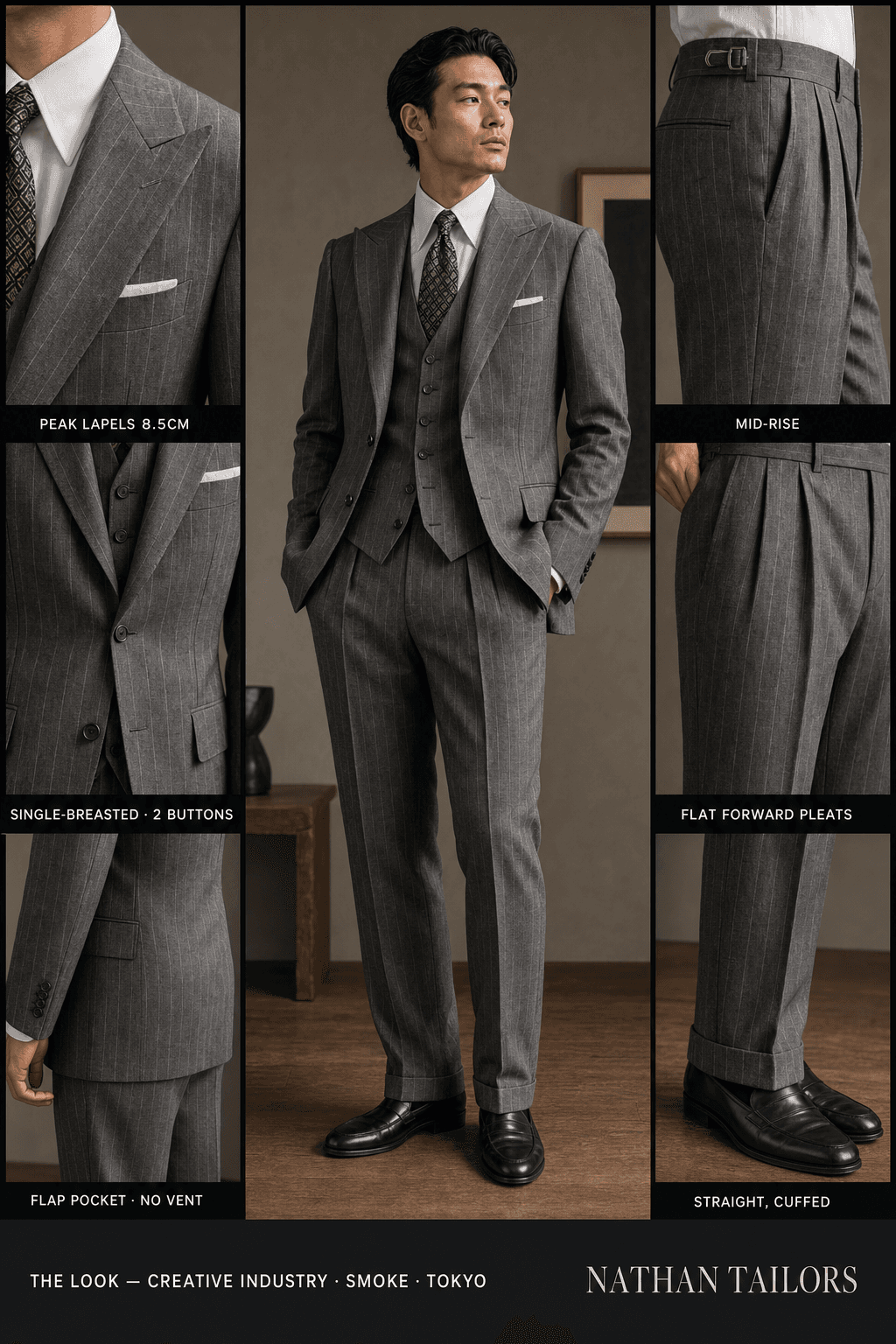 smoke chalk stripe single-breasted peak-lapel online custom suit — designed online at RemoteSuit. Made-to-measure online custom suit available from $129.