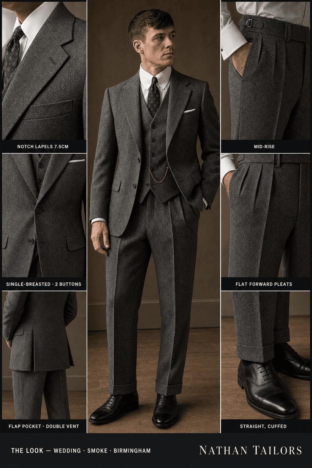 smoke herringbone single-breasted online custom suit — designed at RemoteSuit, made to measure online