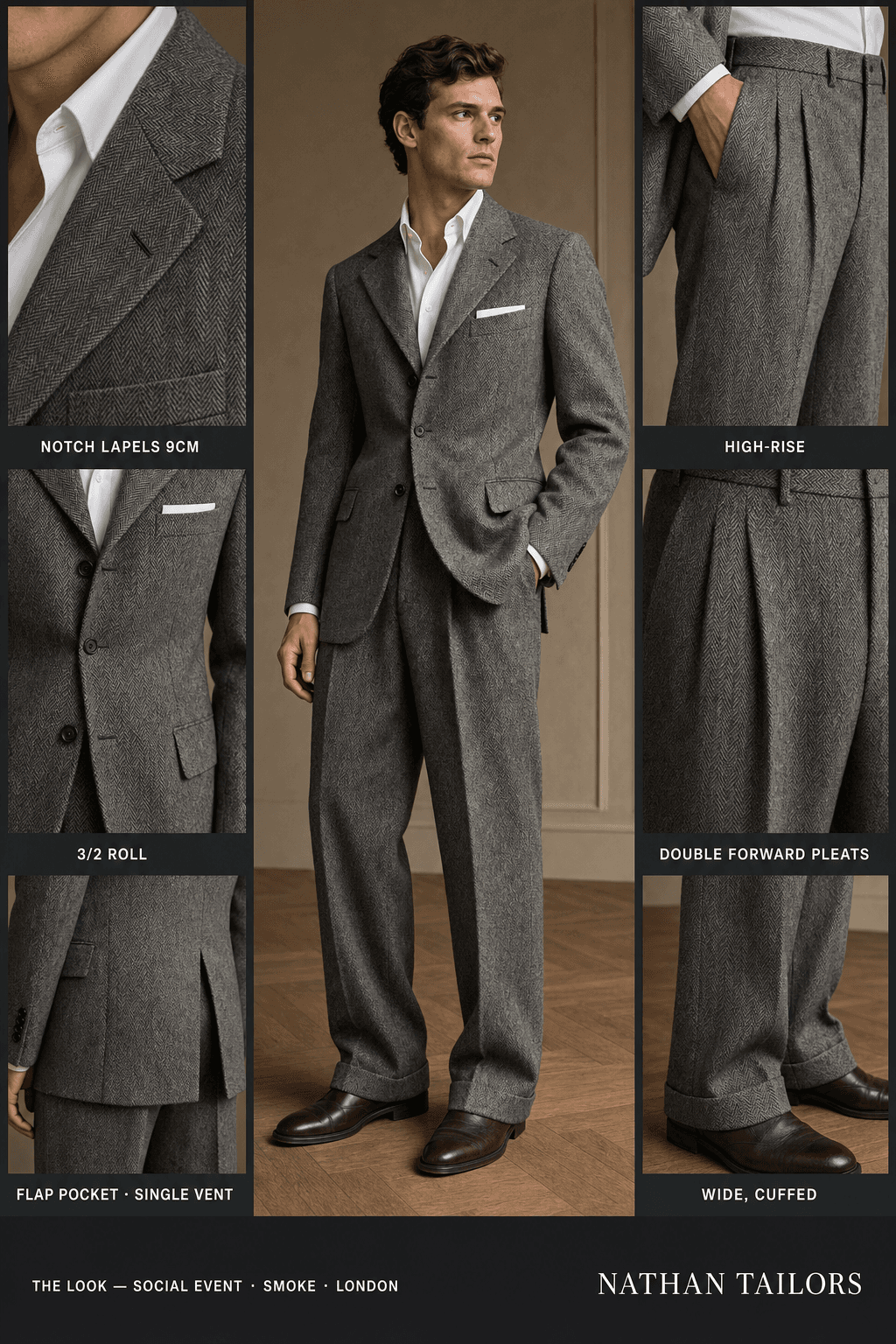 smoke herringbone single-breasted notch-lapel online custom suit — designed online at RemoteSuit. Made-to-measure online custom suit available from $149.