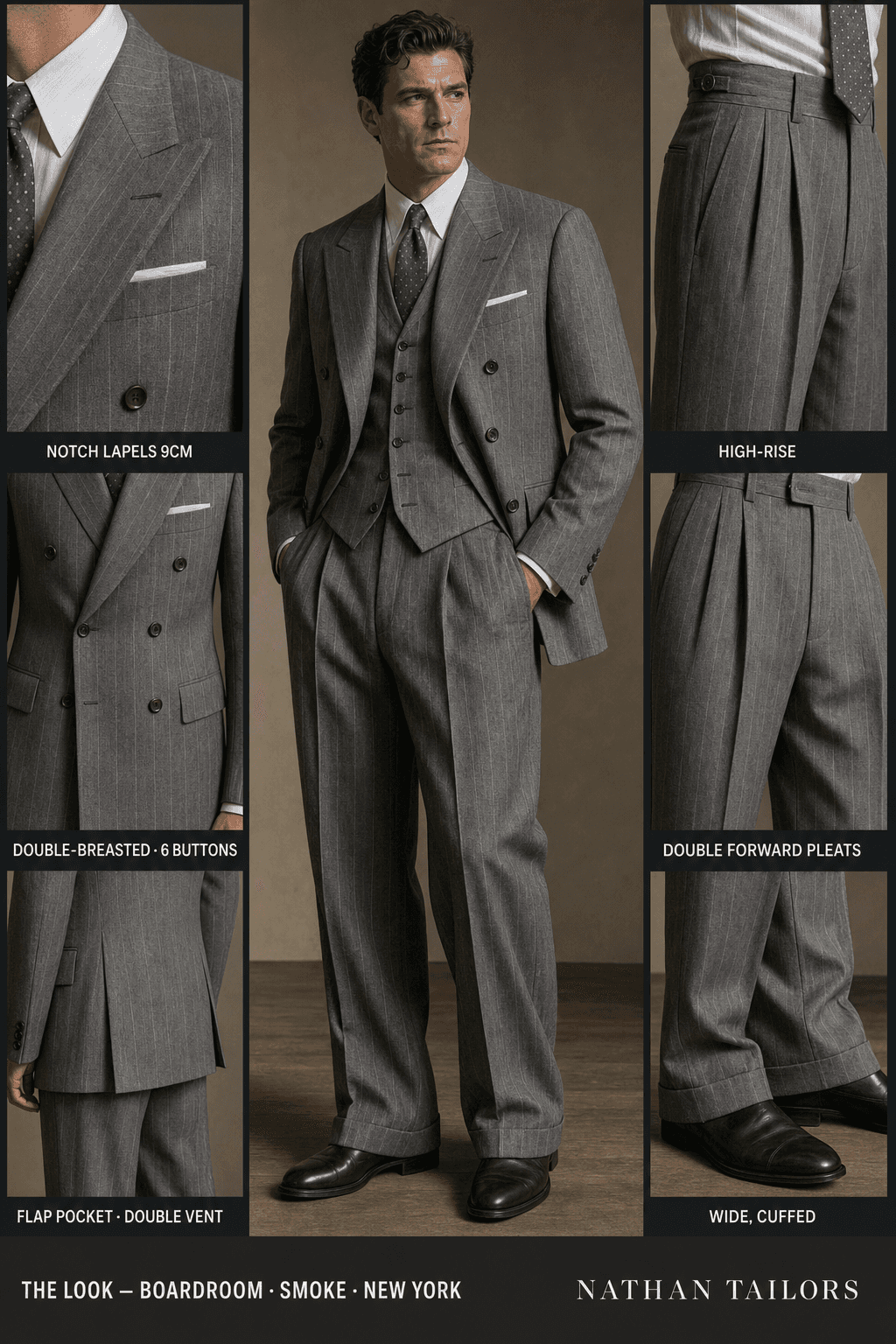 smoke pinstripe double-breasted online custom suit — designed at RemoteSuit, made to measure online