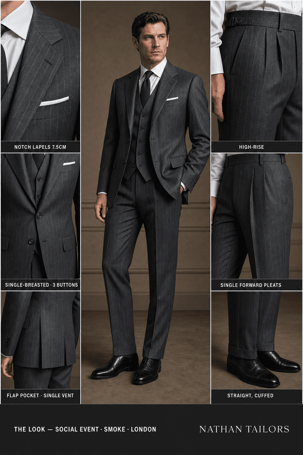 smoke pinstripe single-breasted notch-lapel online custom suit — designed online at RemoteSuit. Made-to-measure online custom suit available from $129.