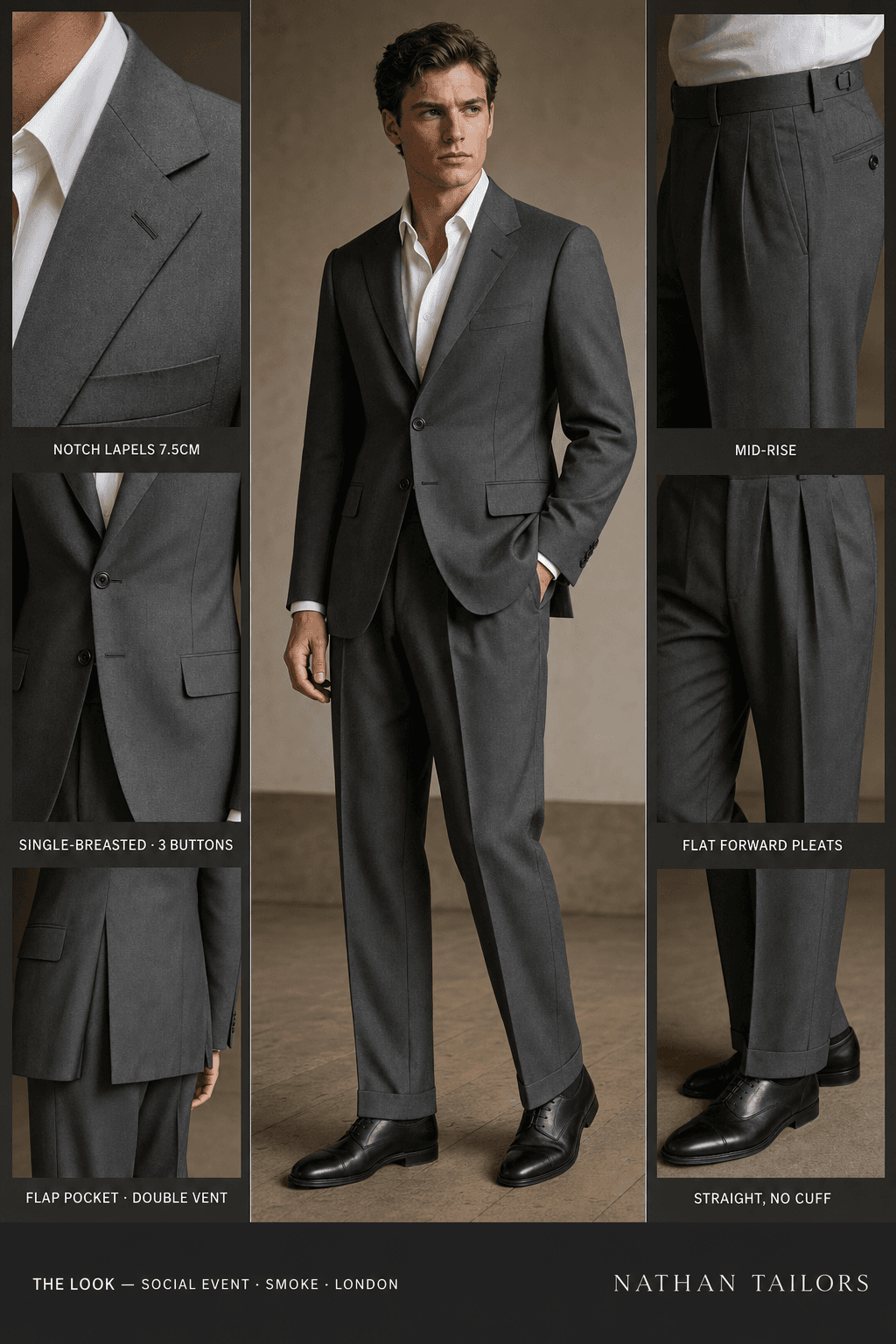 smoke single-breasted notch-lapel online custom suit — designed online at RemoteSuit. Made-to-measure online custom suit available from $129.