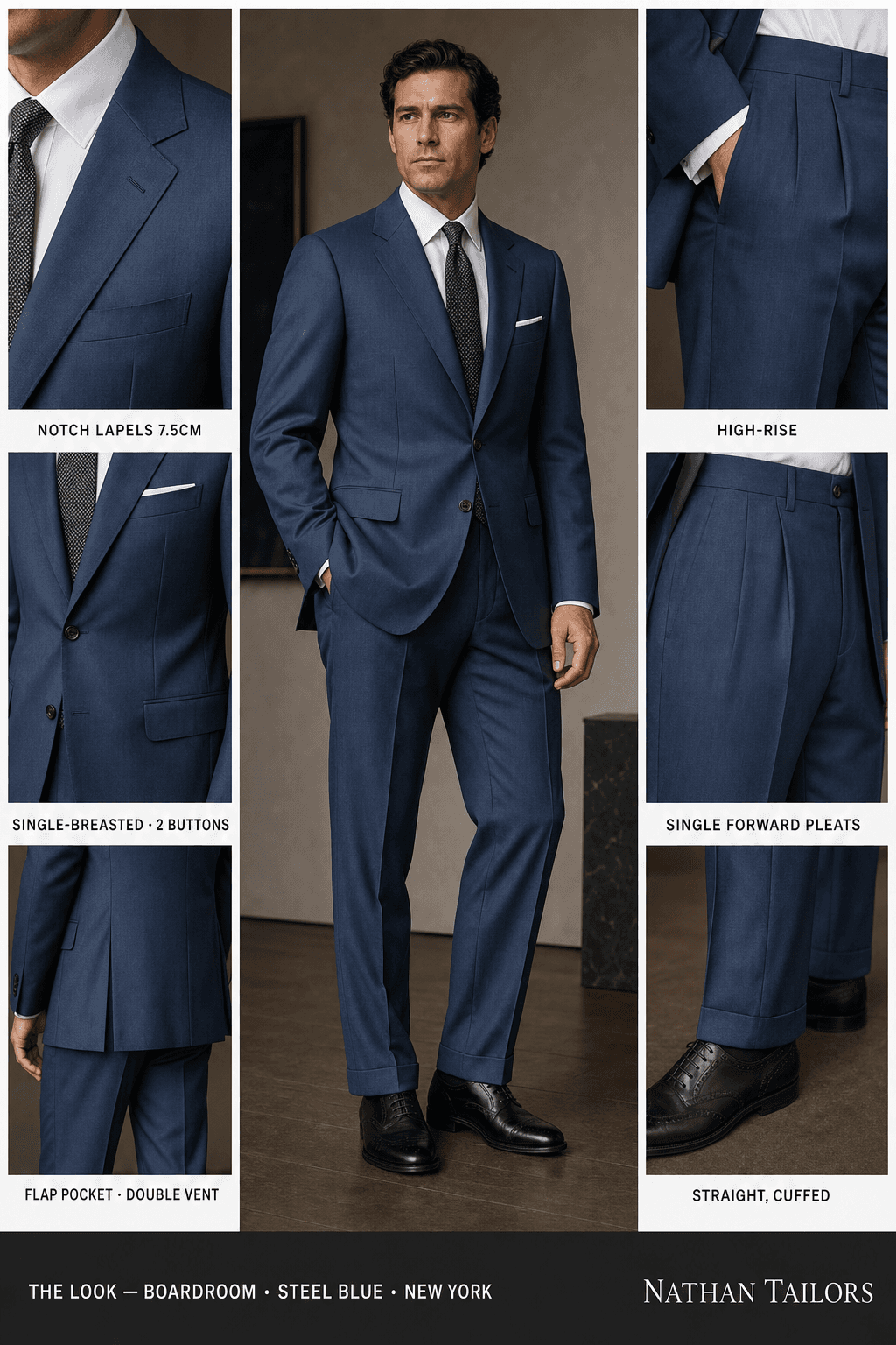 steel blue single-breasted notch-lapel online custom suit — designed online at RemoteSuit. Made-to-measure online custom suit available from $129.