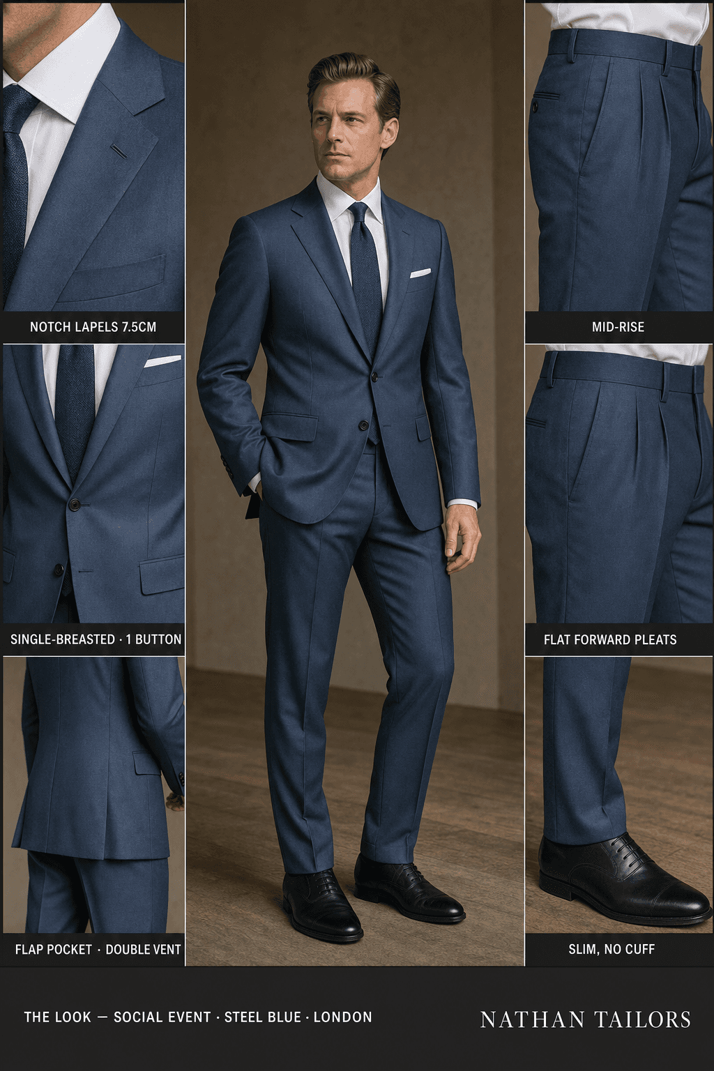 steel blue single-breasted notch-lapel online custom suit — designed online at RemoteSuit. Made-to-measure online custom suit available from $149.