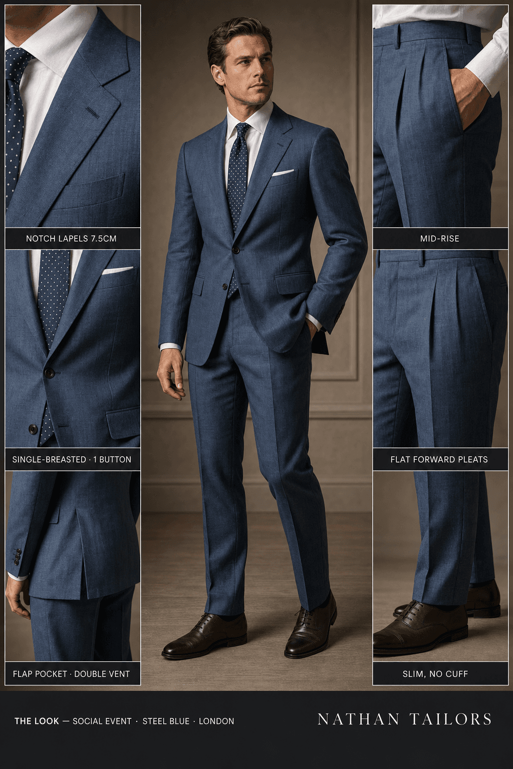 steel blue single-breasted notch-lapel online custom suit — designed online at RemoteSuit. Made-to-measure online custom suit available from $129.