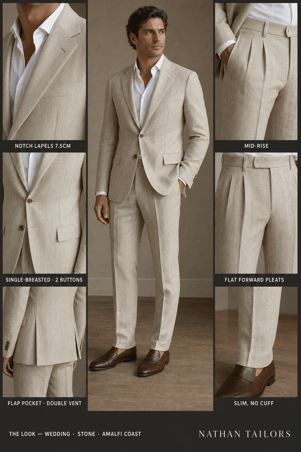 stone single-breasted online custom suit — designed at RemoteSuit, made to measure online