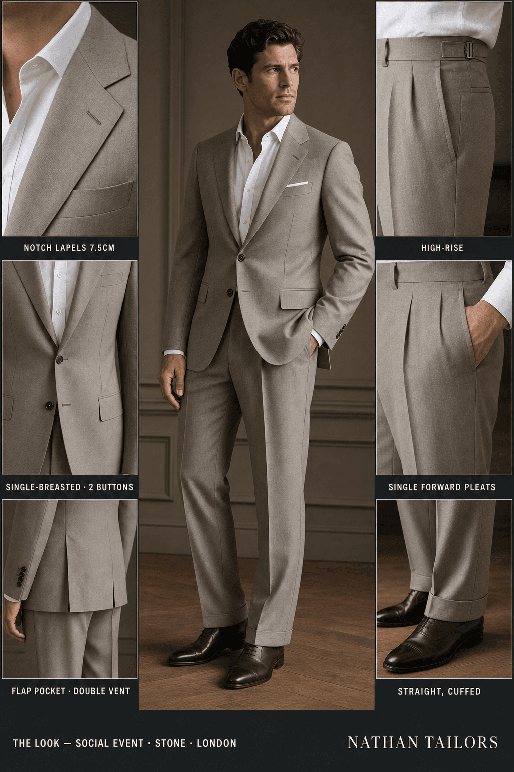 stone single-breasted notch-lapel online custom suit — designed online at RemoteSuit. Made-to-measure online custom suit available from $129.