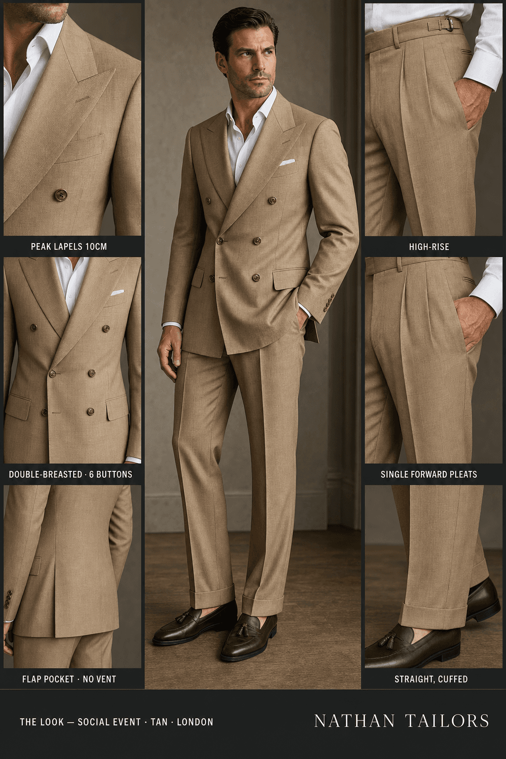 tan double-breasted peak-lapel online custom suit — designed online at RemoteSuit. Made-to-measure online custom suit available from $129.