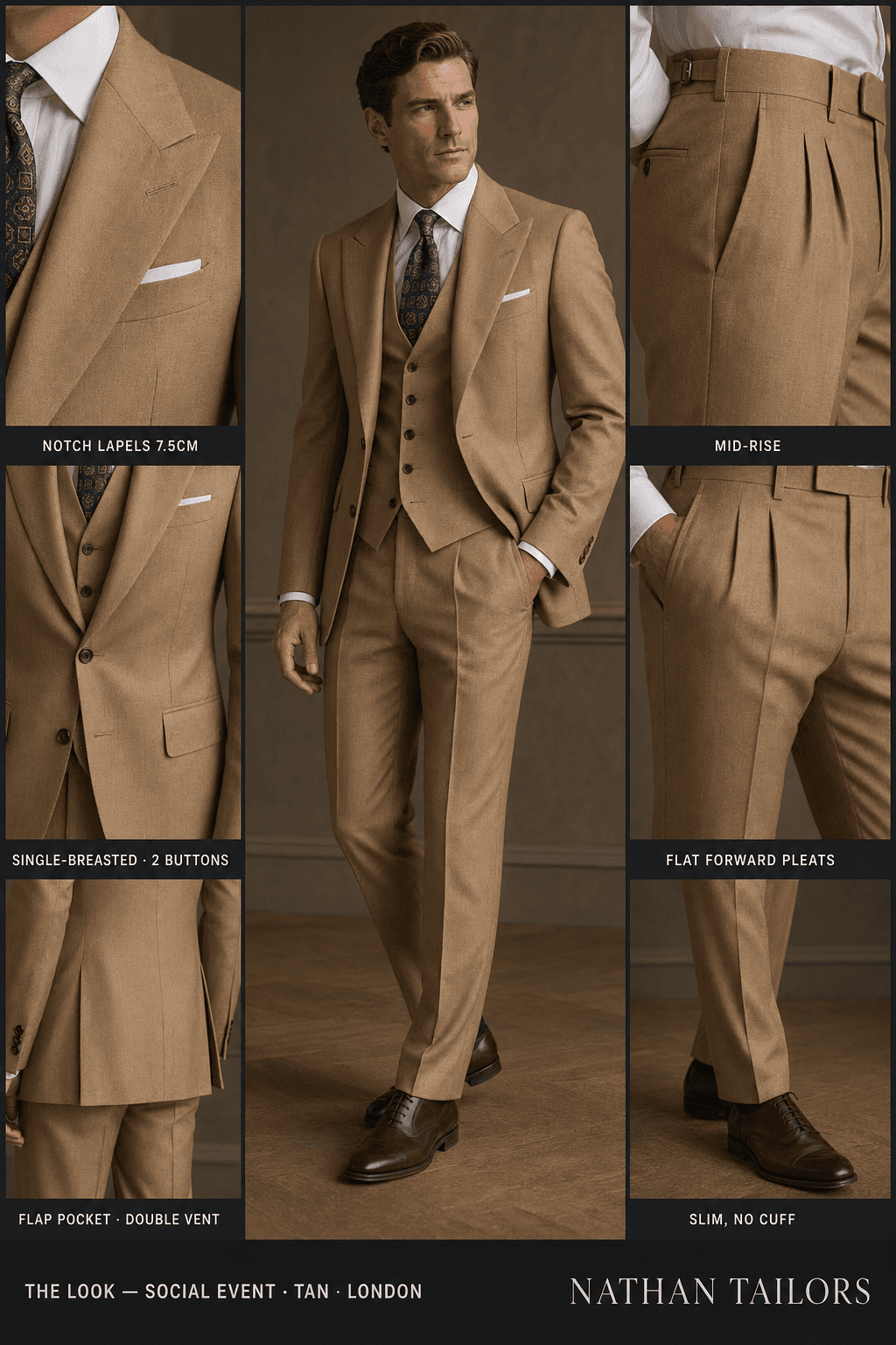 tan single-breasted notch-lapel online custom suit — designed online at RemoteSuit. Made-to-measure online custom suit available from $109.