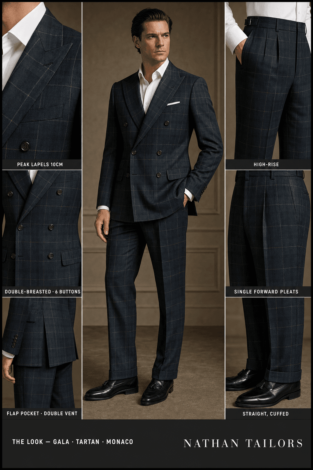 Tartan windowpane double-breasted peak-lapel online custom suit — designed online at RemoteSuit. Made-to-measure online custom suit available from $129.