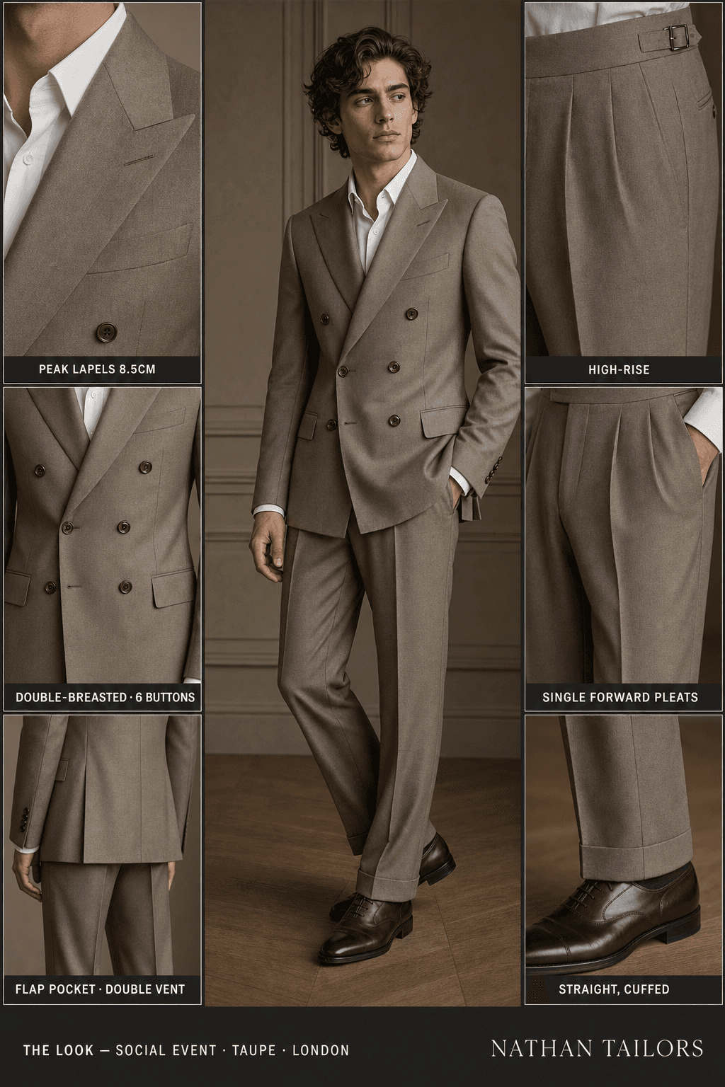 taupe double-breasted peak-lapel online custom suit — designed online at RemoteSuit. Made-to-measure online custom suit available from $129.