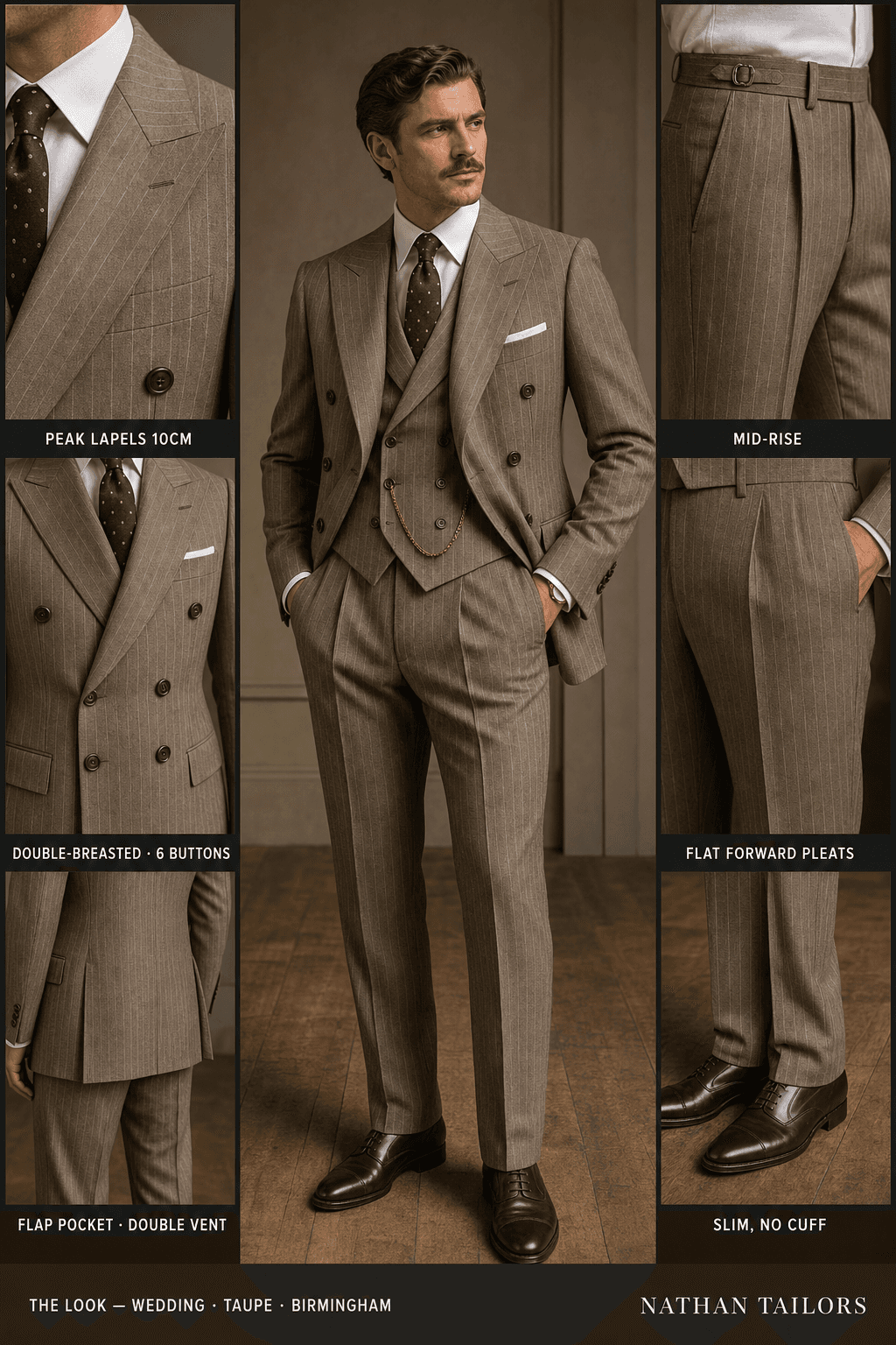 taupe pinstripe double-breasted peak-lapel online custom suit — designed online at RemoteSuit. Made-to-measure online custom suit available from $129.