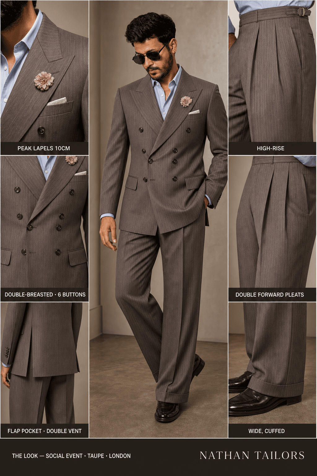 taupe pinstripe double-breasted peak-lapel online custom suit — designed online at RemoteSuit. Made-to-measure online custom suit available from $149.