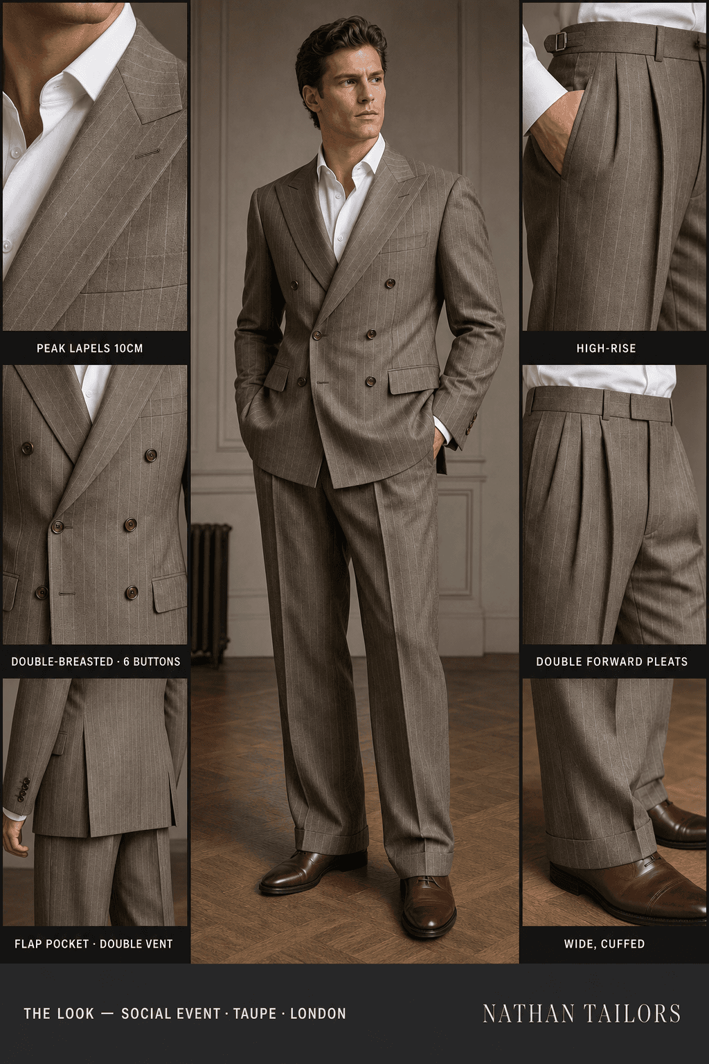 taupe pinstripe double-breasted peak-lapel online custom suit — designed online at RemoteSuit. Made-to-measure online custom suit available from $149.