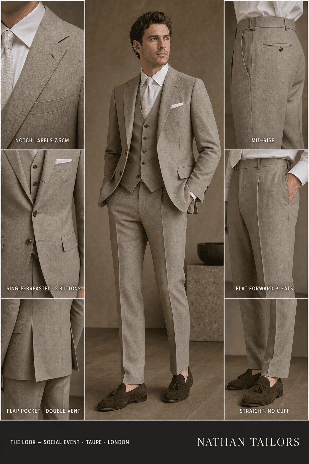 taupe single-breasted notch-lapel online custom suit — designed online at RemoteSuit. Made-to-measure online custom suit available from $149.